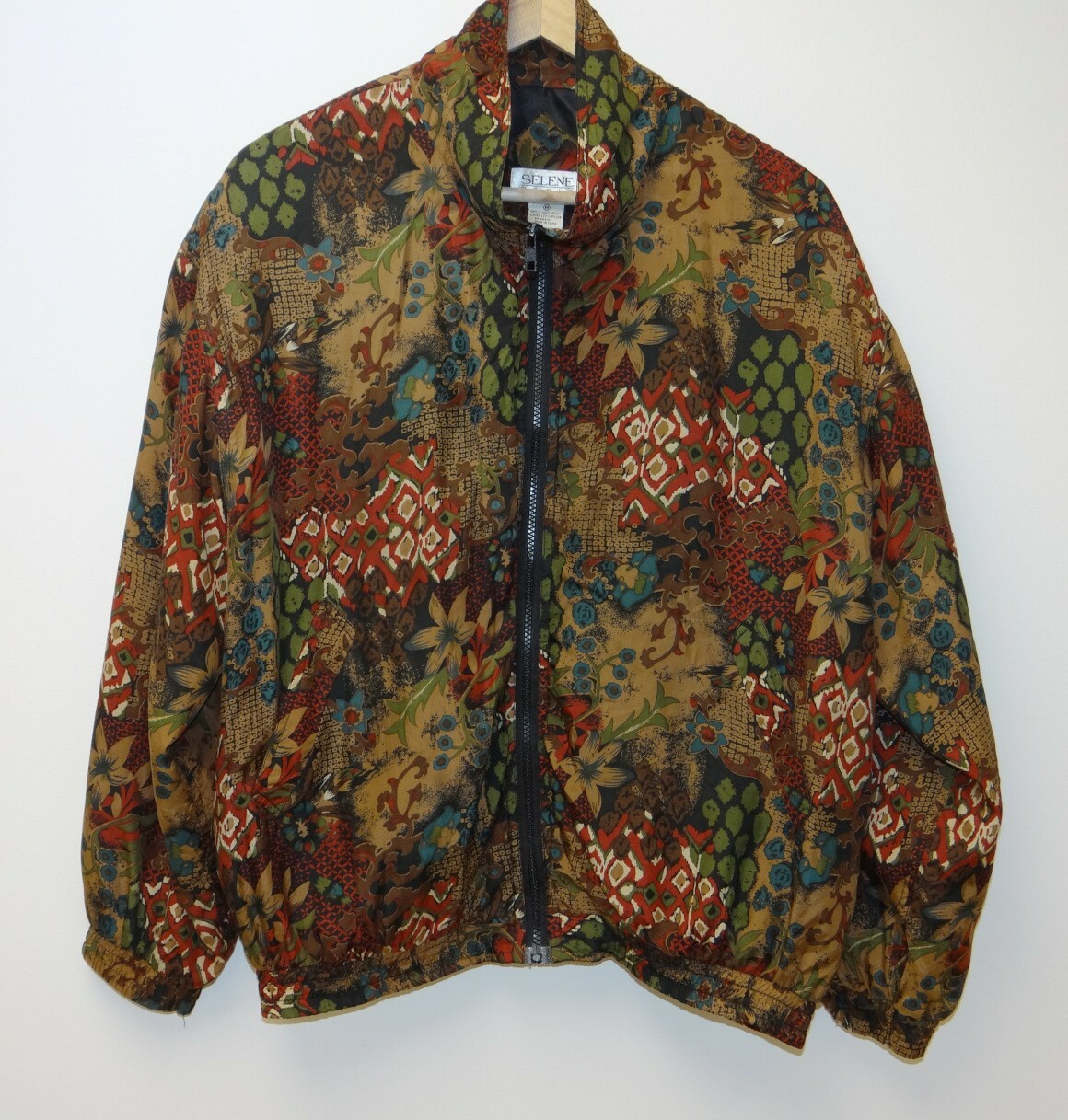 80s Silk Bomber Style Wind Breaker Printed Patchwork Pattern Sz Medium 100% Silk