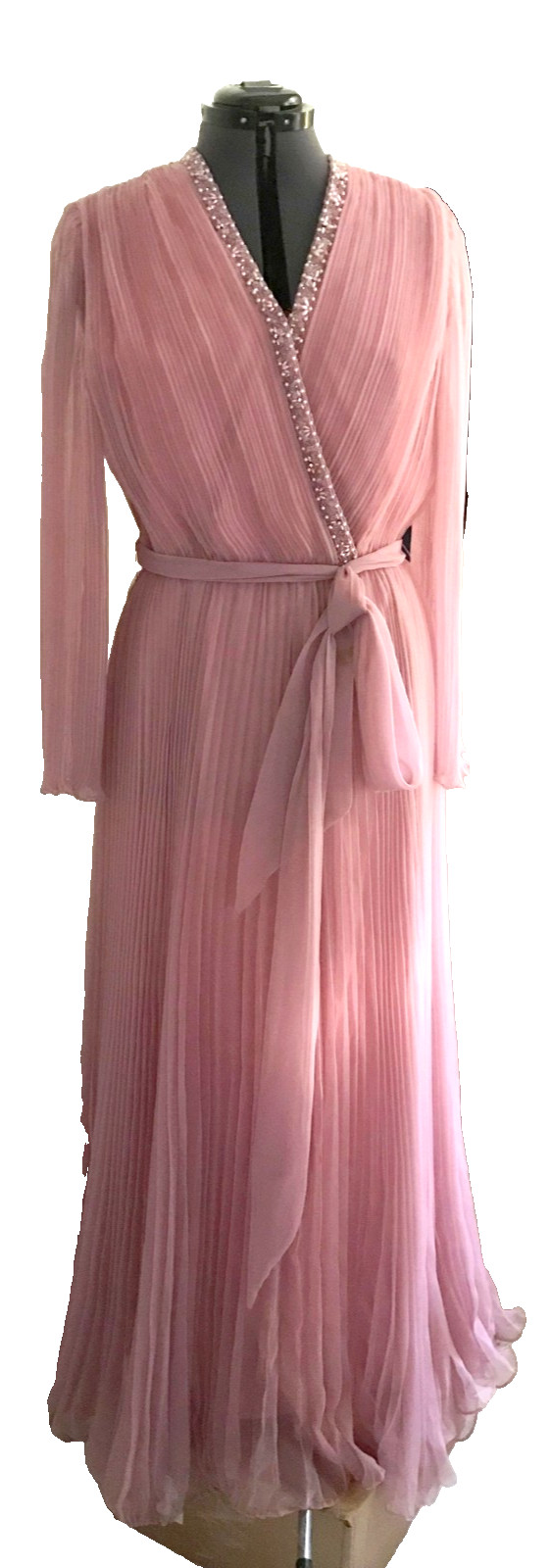 Vintage 1970s Jack Bryan Pleated Dress: Mauve Rose Pink Sequin Trim, Size L