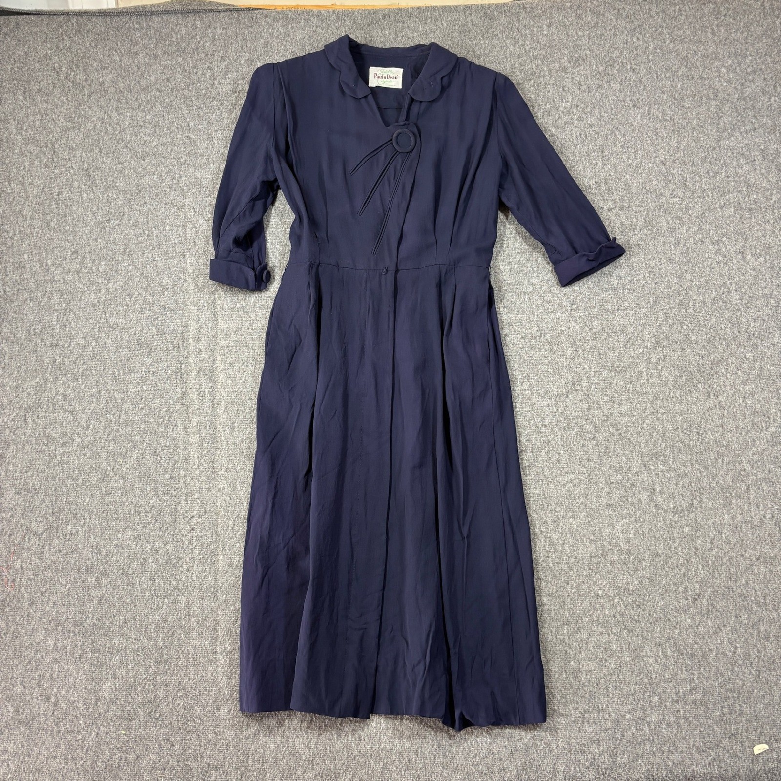 Vintage Paula Dean Originals Juliette Navy Blue Scalloped Collar Midi Dress 40s