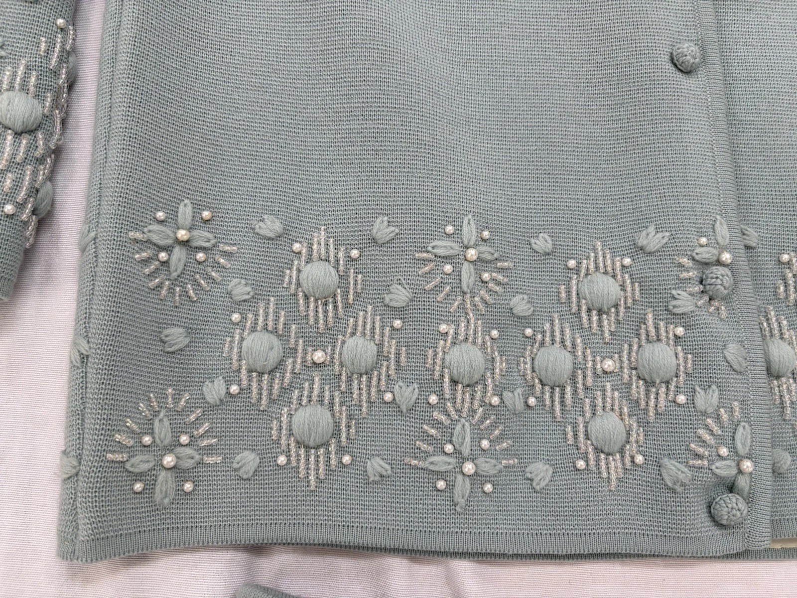 VTG Marshall Fields Skirt Suit Set Womens Large Powder Blue Wool Beaded Pearls