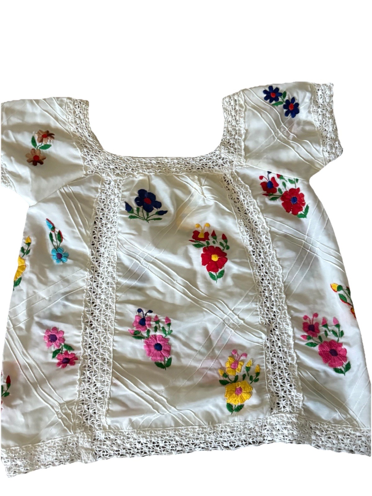 Vintage Handmade Mexican Peasant Style Embroidered White Flowered Blouse S/M