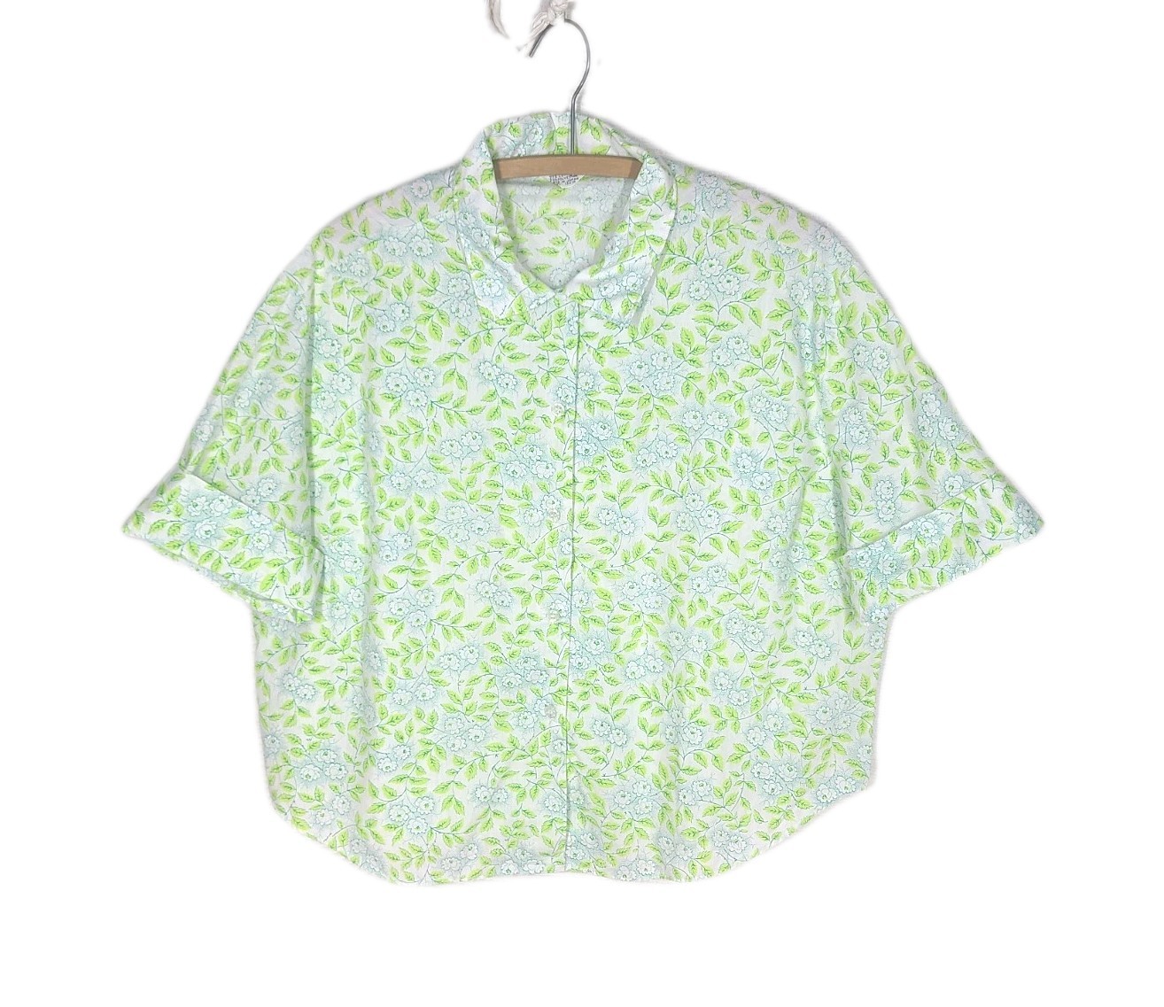 Vintage 1960s Womens Shirt Plus Size 44 Cotton Button Up Leaf Print Retro Japan