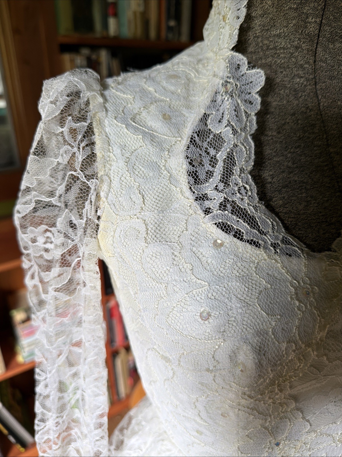 Bridallure Alfred Angelo Vintage Wedding Dress, Lace, Ruffled Tiered Long Sleeve