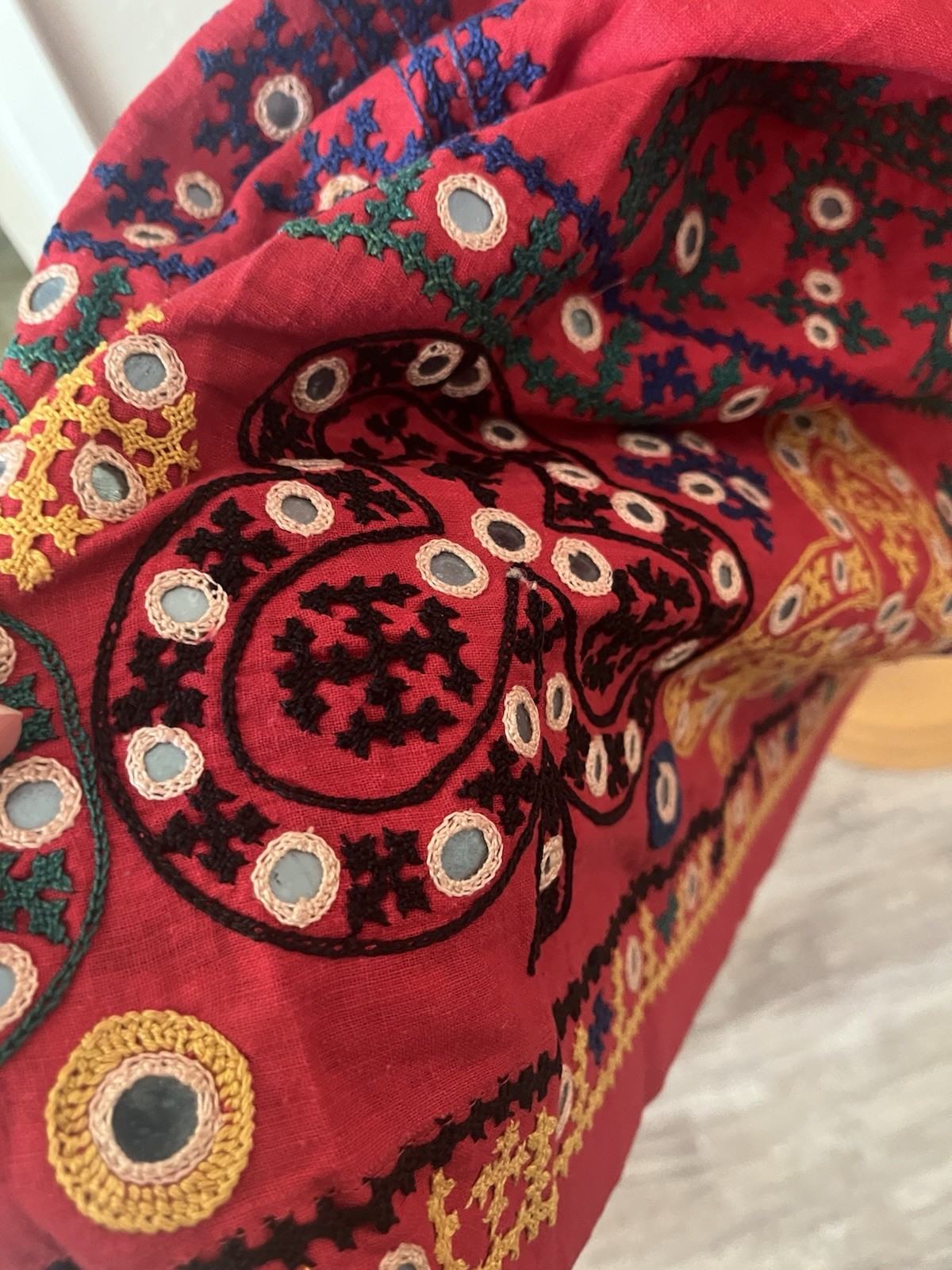Red Vintage Cotton Dress with embroidery and mirrors, Indian