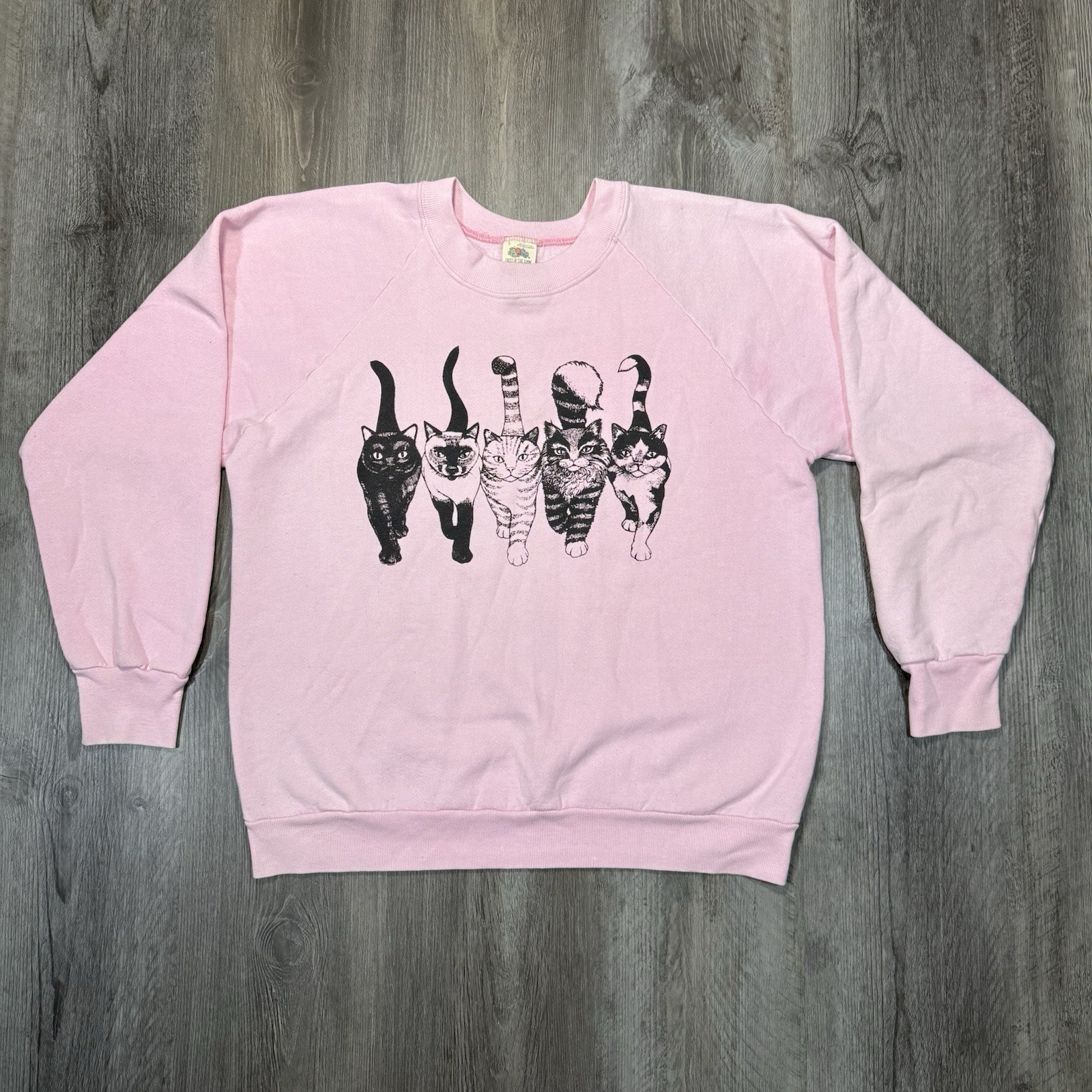 Vintage 80s Two Sided Cat Faded Pink Raglan Sweatshirt Fits Men L Women XL USA