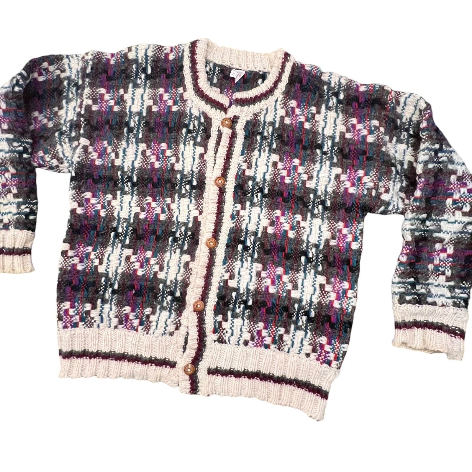VTG Hand Made Wool Cardigan Sweater Size Large Wood Buttons Chunky Knit Plaid