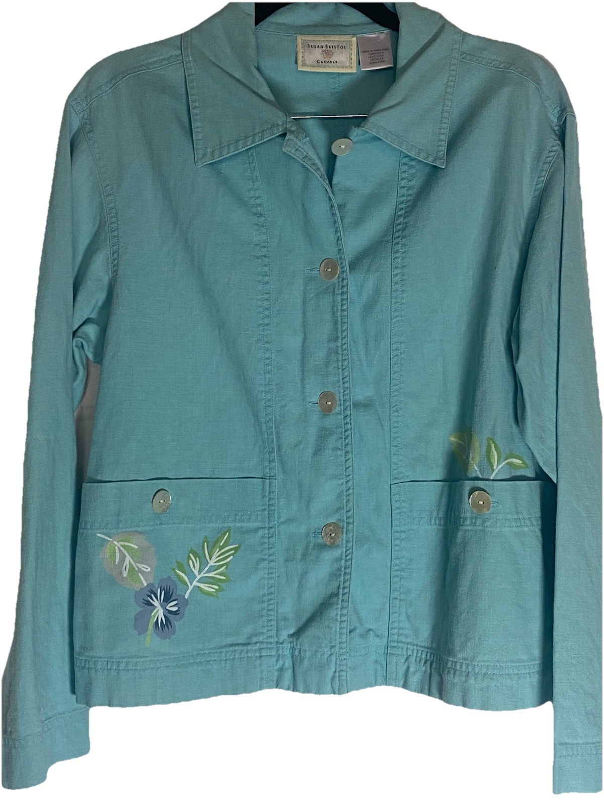 VTG 90’s Susan Bristol 100% Linen Blue Shaket, Floral Print, Sz S.