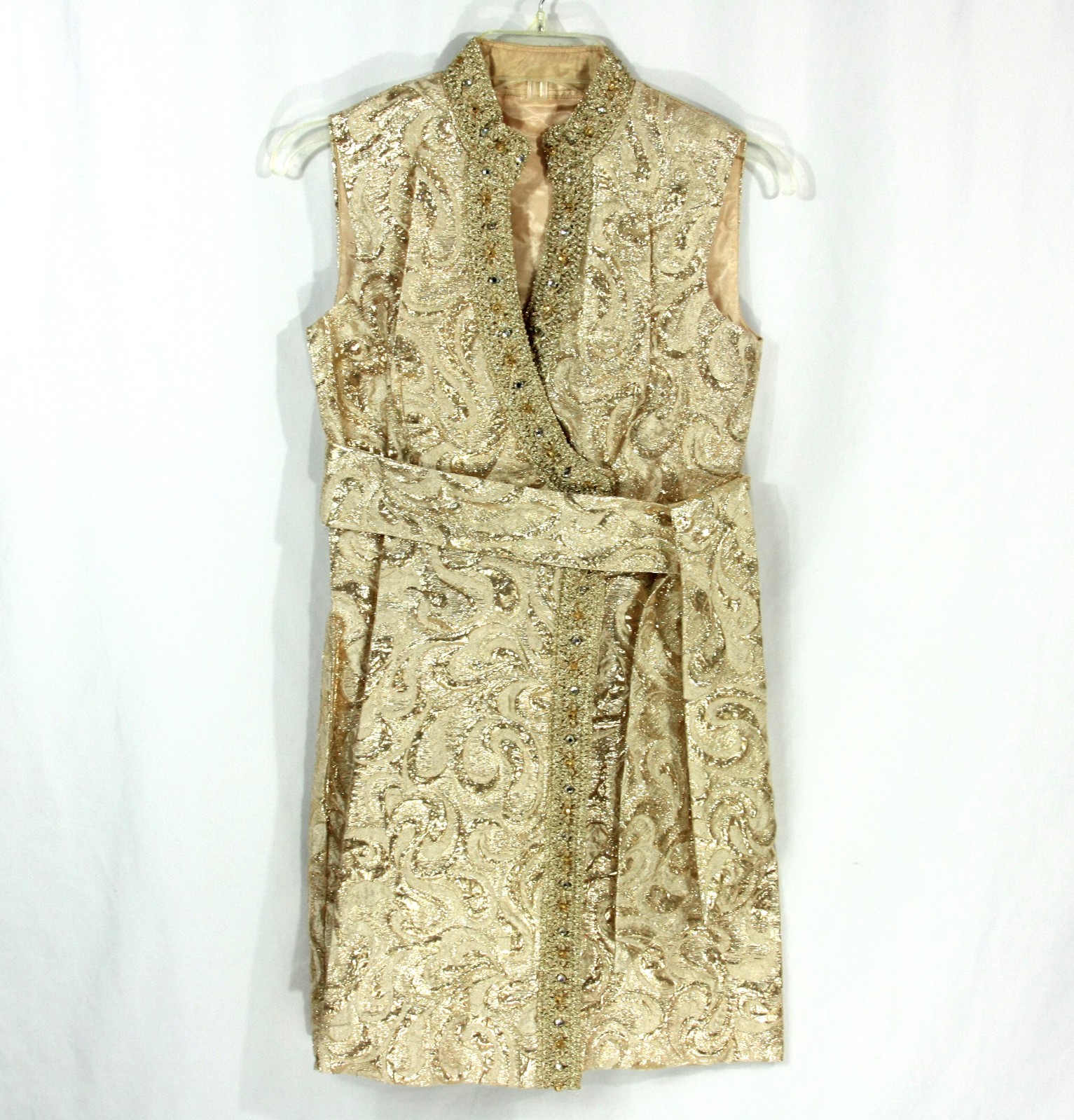 Vintage Gold Metallic Paisley Textured Sleeveless Wrap Mini Dress MCM S M 1960s