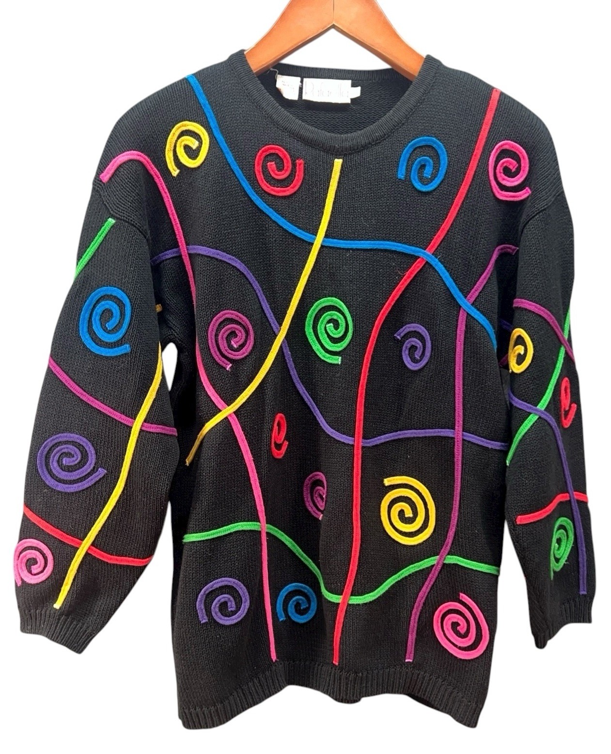 Vintage Rafaella Sweater Women&rsquo;s 80s Colorful Swirls Knit Crew Neck Black Size S
