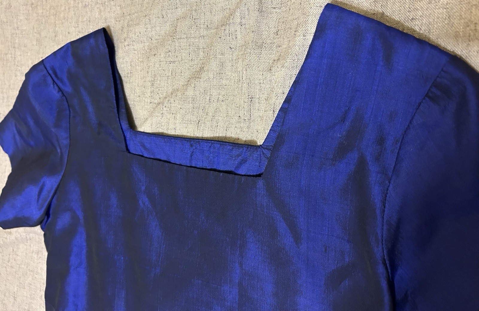 Vintage 60s Handmade Medium Blue Silk Taffeta Blouse Regency Glamour