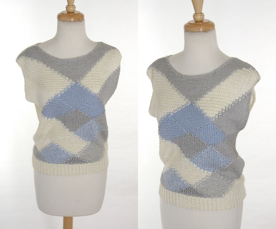 Vintage 1980s Color Block Sweater SMALL Blue Gray Cream Spring Sleeveless Knit