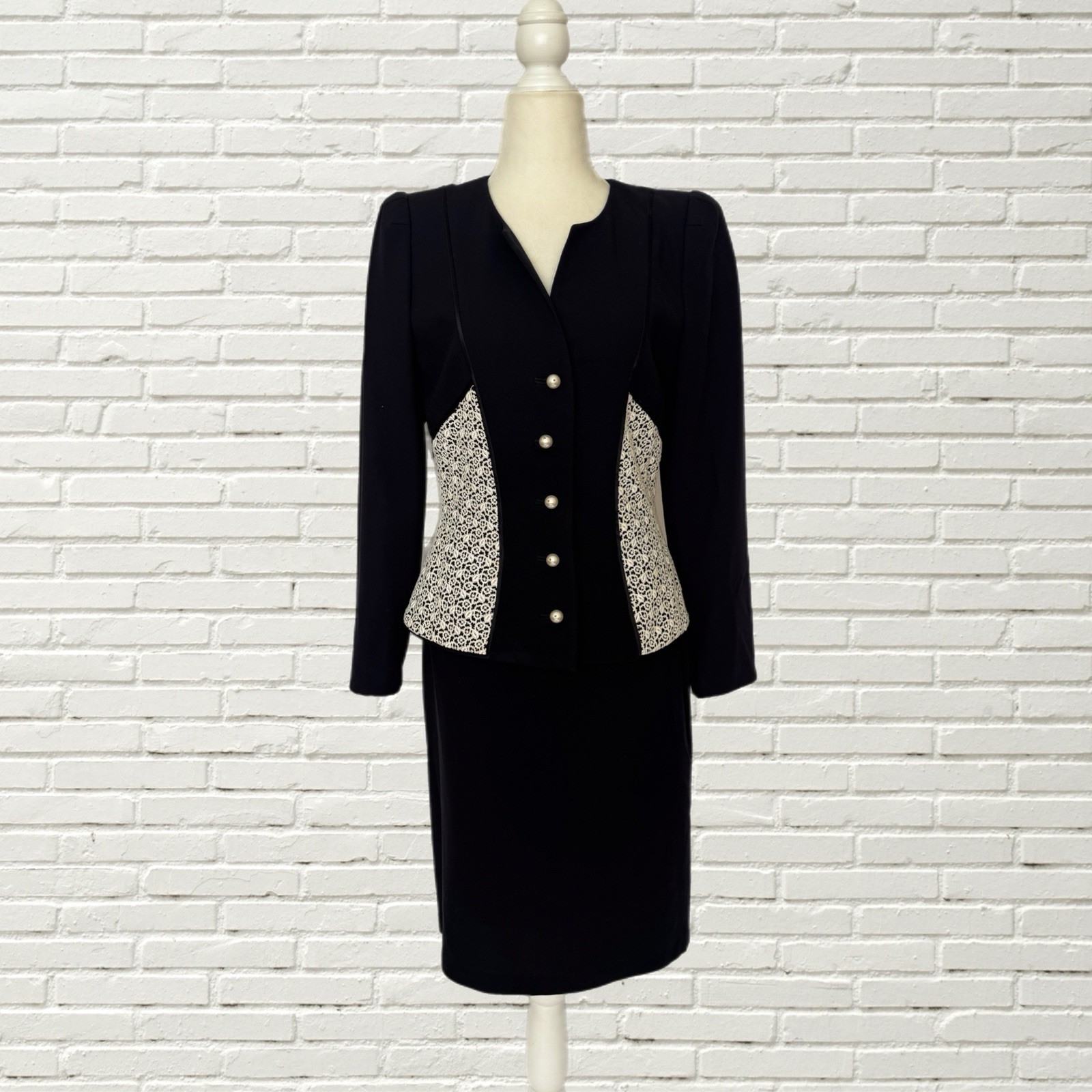 Vintage 90s Y2K Escada Couture Skirt Suit Set White Lace Trim Pearl Button 38