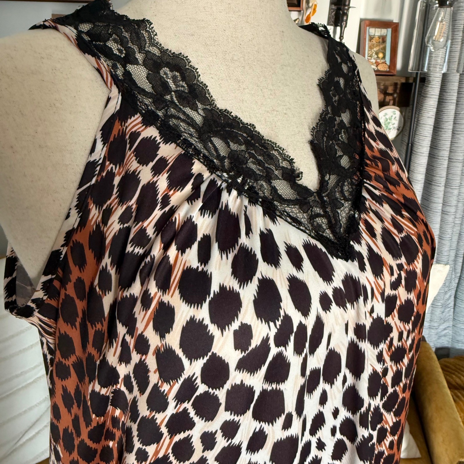 Heather Collection Vintage Leopard Print Lace Trim Maxi Slip Dress L Made in USA