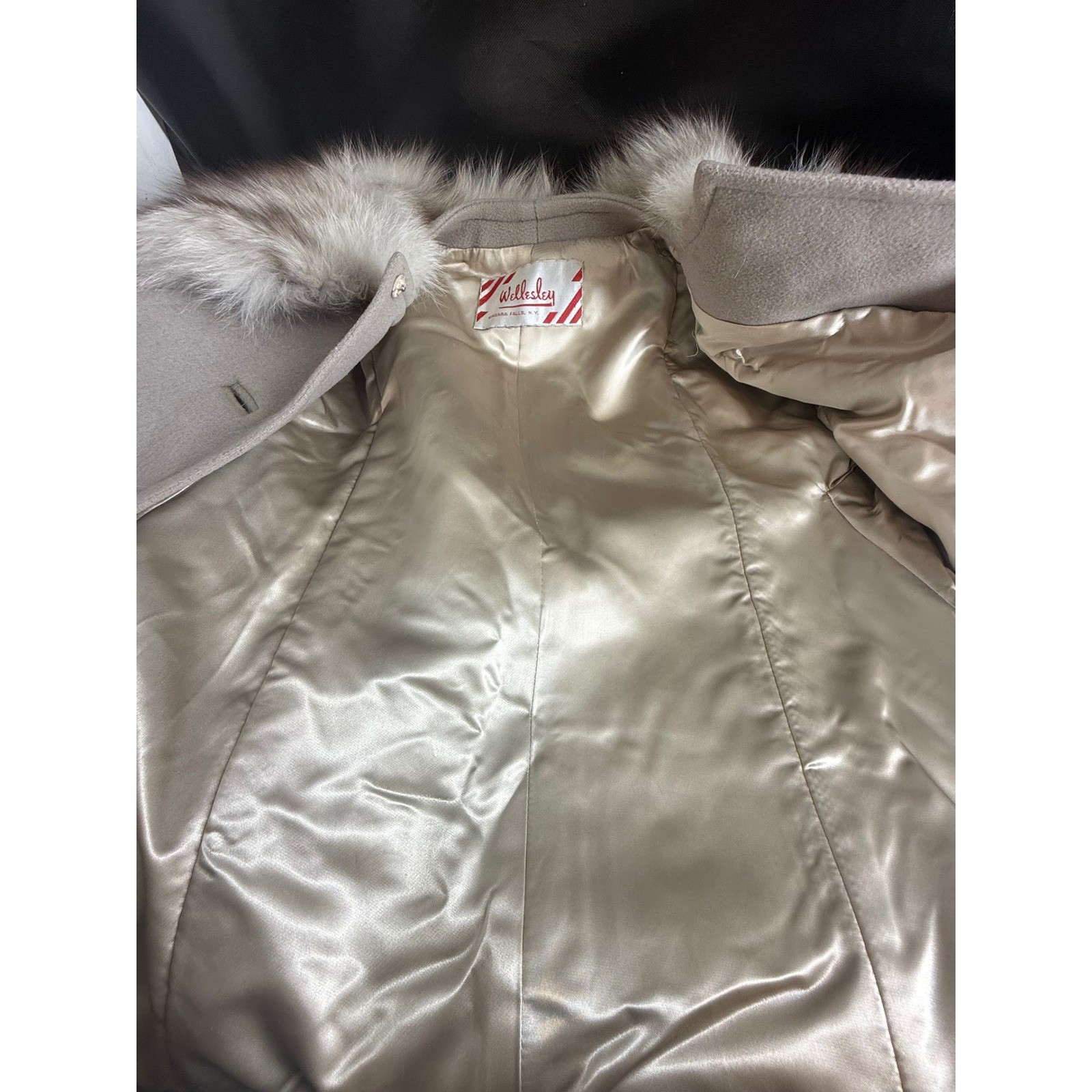 Vintage Wellesley Stevens Forstmann Wool Coat Faux Fur Collar Beige Long Jacket