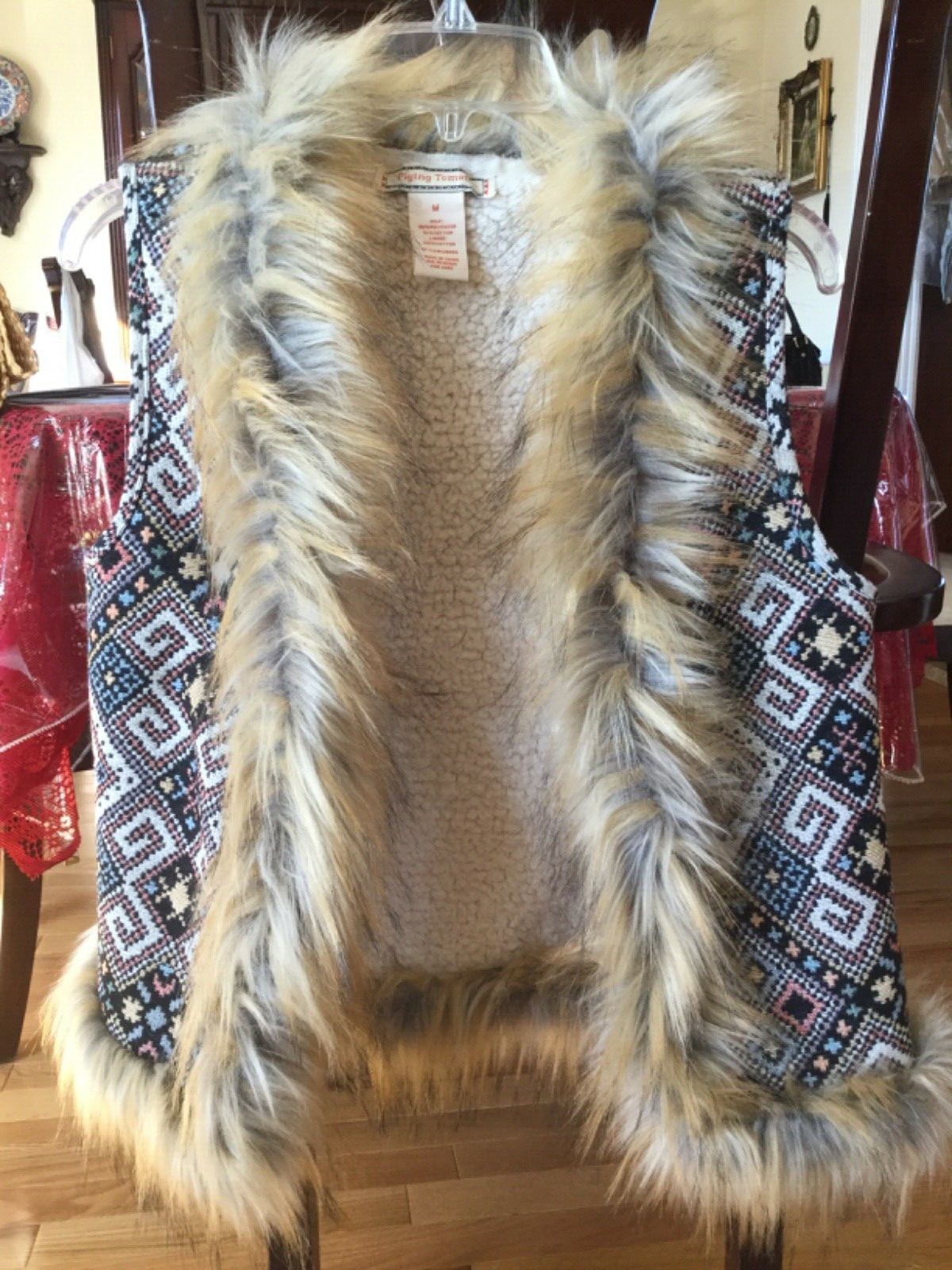 FLYING TOMATO Needlepoint Tapestry Vest Faux Fur Shearling Trim~BOHO~Cowgirl M