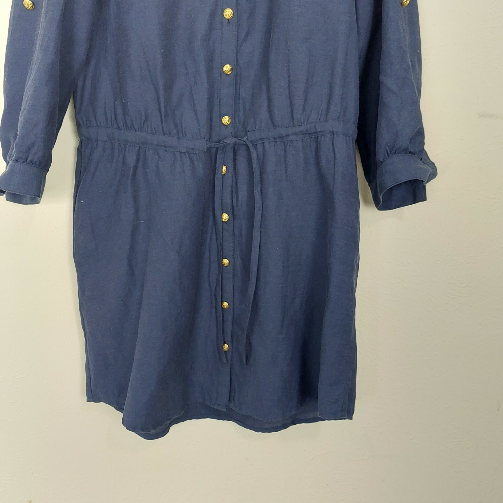 Julie Brown Vintage Size 8 Blue Button Drawstring Waist Linen Blend Shirt Dress