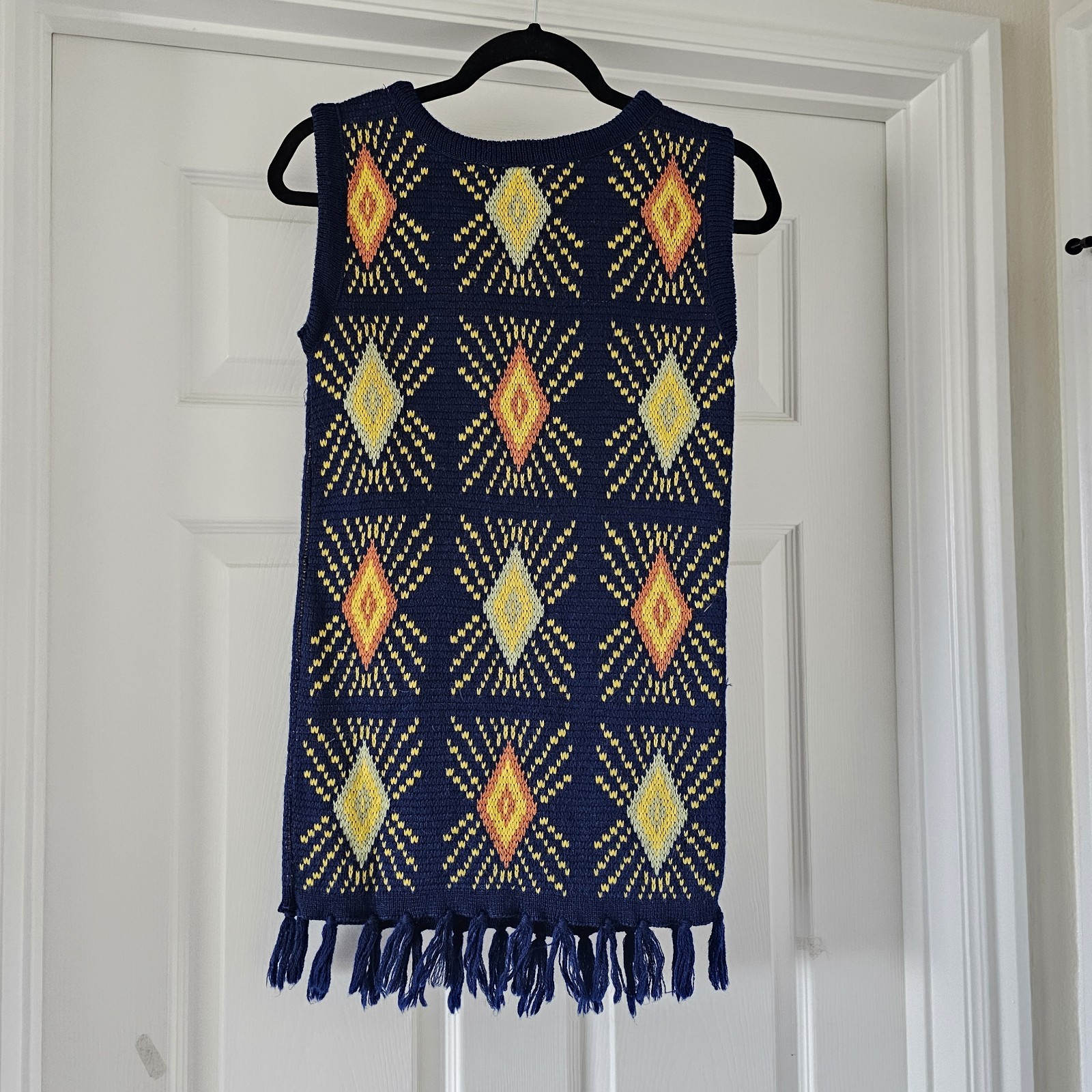 1970s Vintage White Stag Medium Wool Knit Navy Sweater Vest Fringe Diamond #13