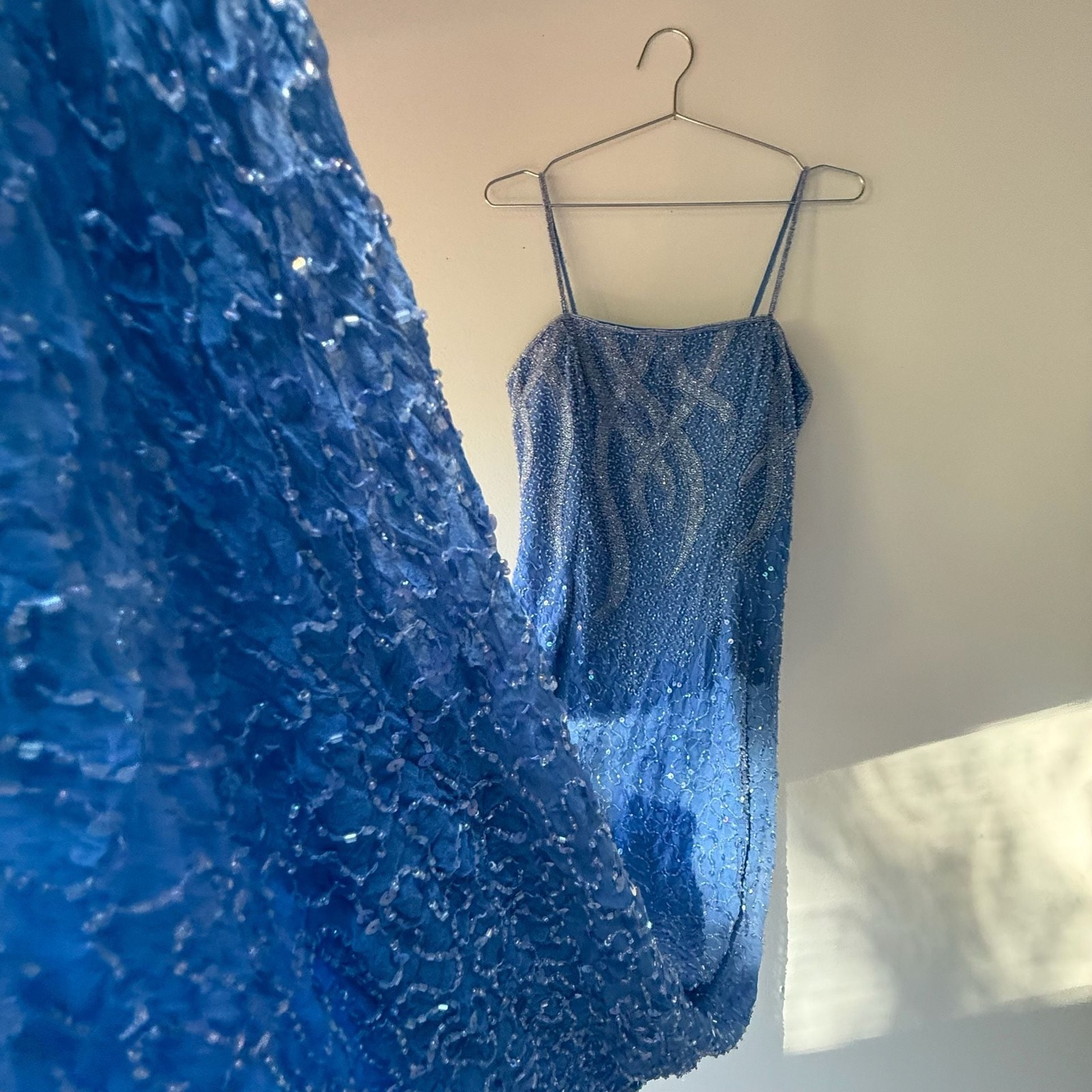 Vintage Blue Fully Beaded 100% Silk Maxi Column Evening Gown