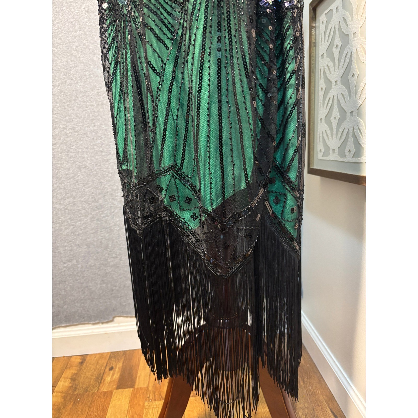 BABEYOND Green Black Sequin Fringe Flapper Dress Gatsby Art Deco 1920s NWT 2XL