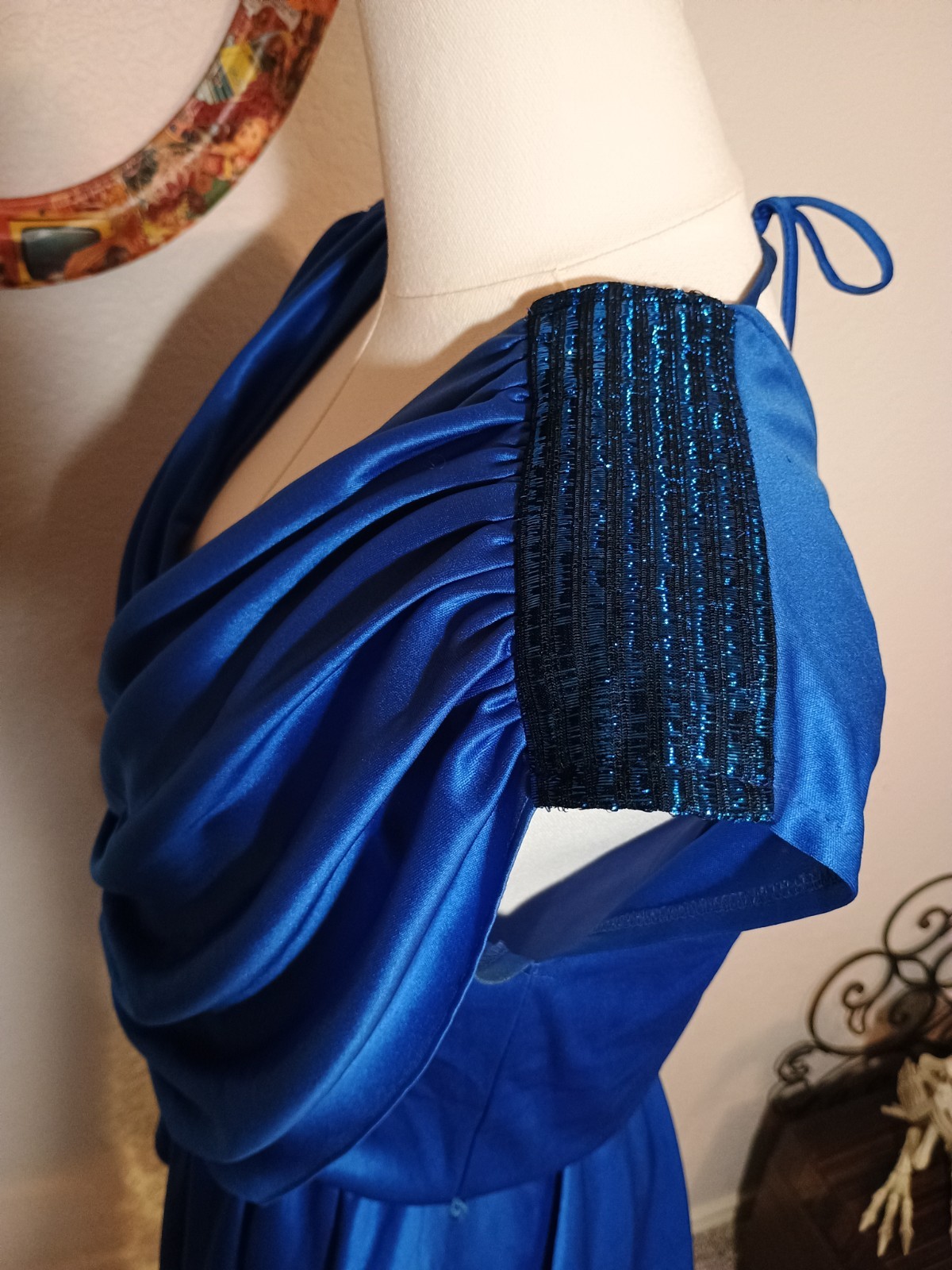 Vintage 80s Slinky Disco Royal Blue Plunging Ruched Drape Party Cocktail Dress