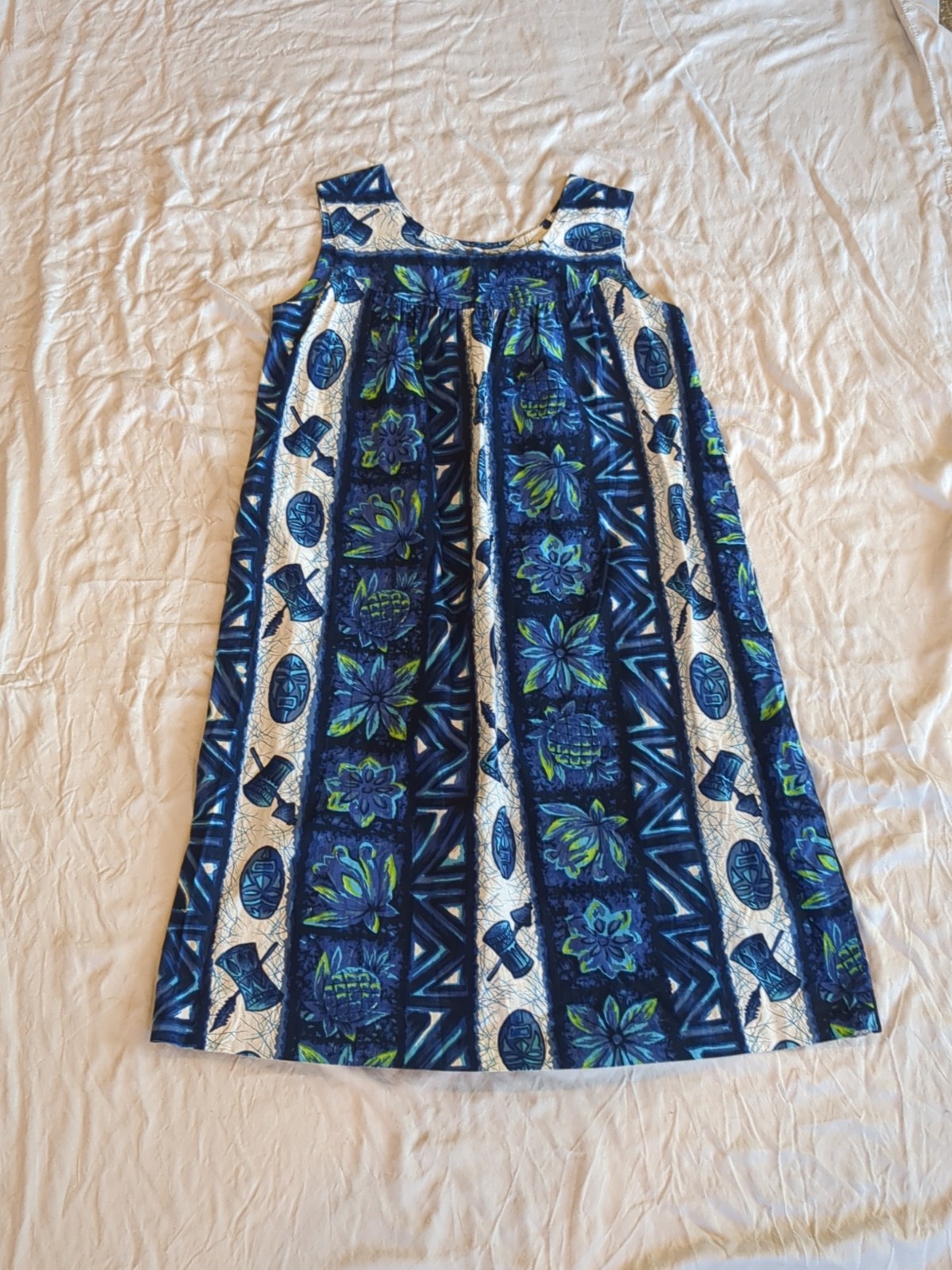 Vtg 60s Ui-Maikai Tribal Drum Floral Sleeveless Dress Made In Hawaii Sz Small