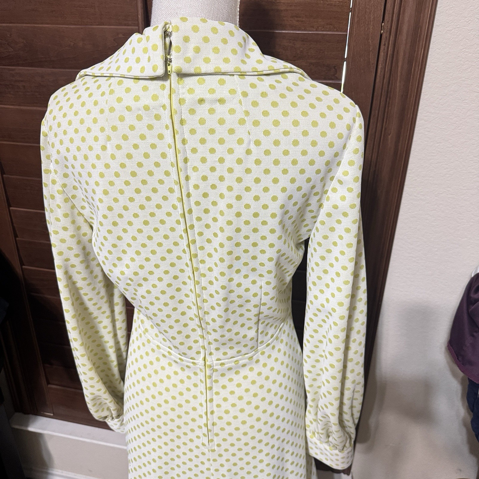 Vintage Maxi Dress 70s Yellow Polka Dot Homemade Prom Dagger Collar Mod Sz M