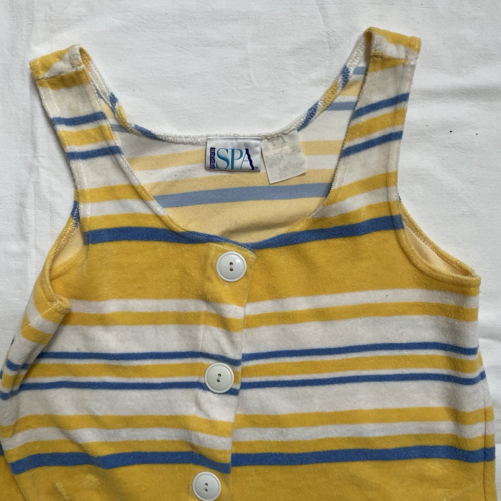 Vtg SPA 70s 80s Terry Cloth Cover Up Dress Medium Yellow Blue Striped Beach Pool