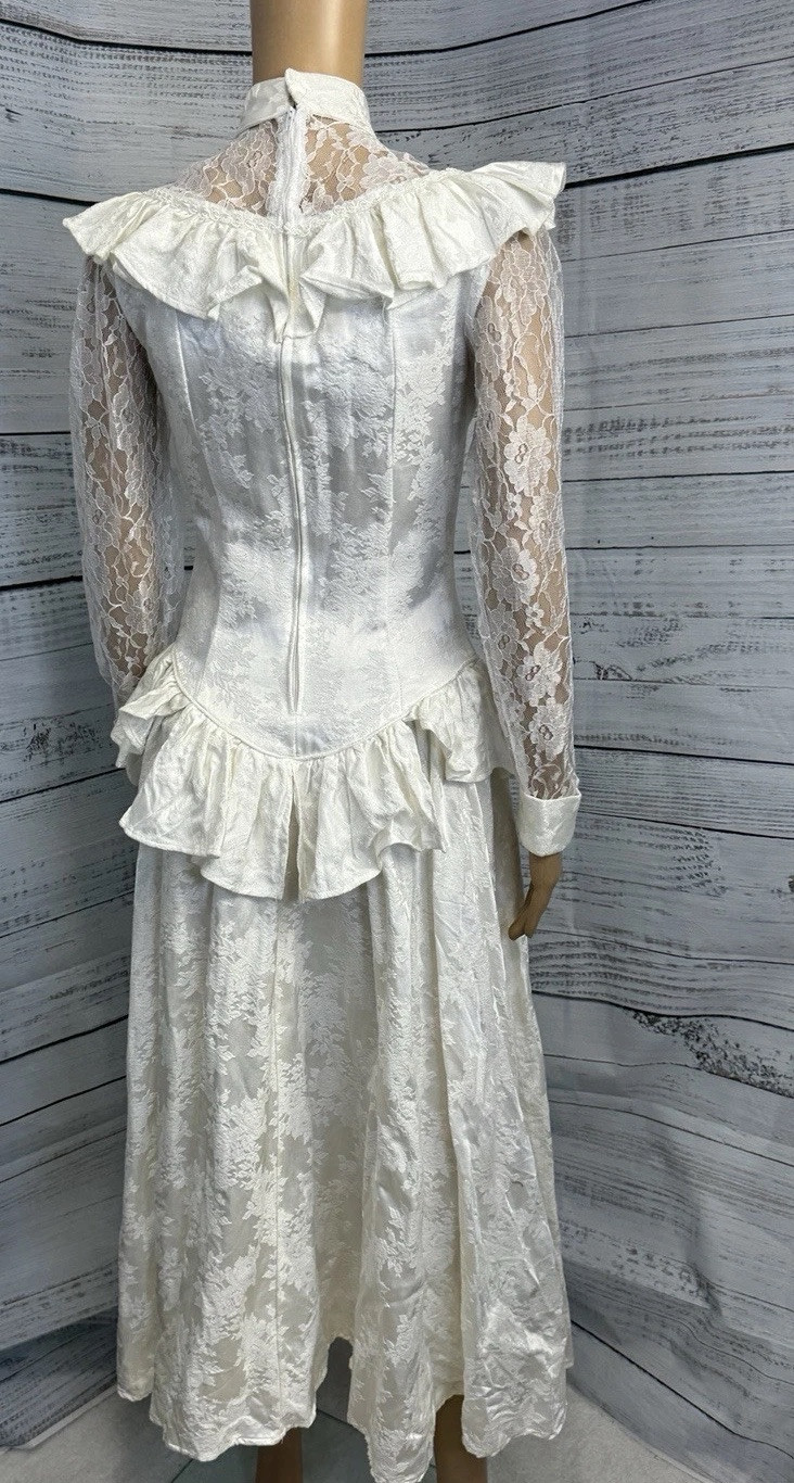 VTG 80s Roper Rustic Ivory Lace Jacquard Prairie Victorian Dress Womens 5/6 USA