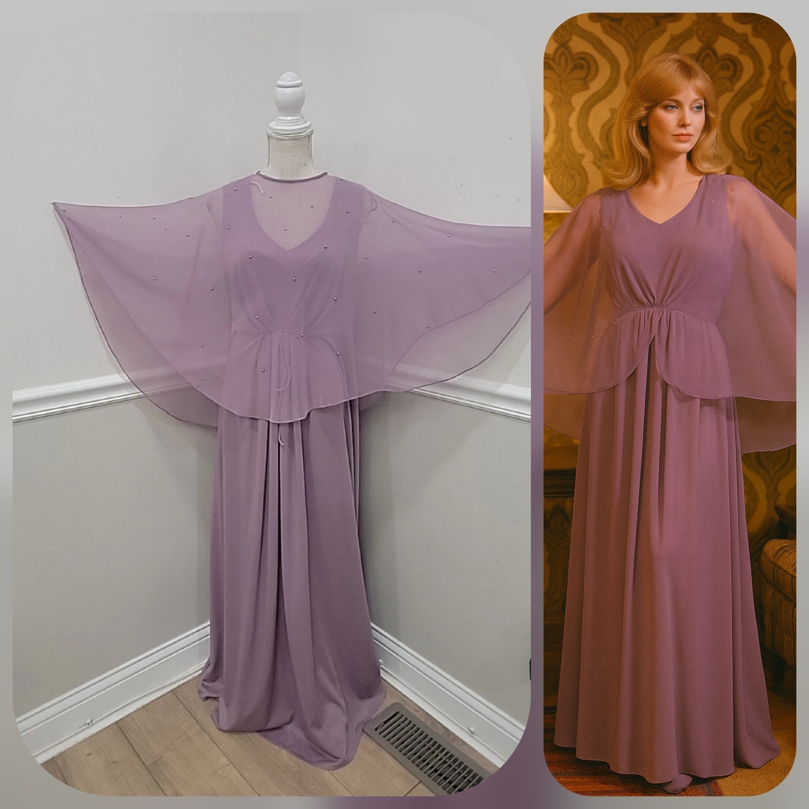 Vintage&rsquo;70s Evening Bohemian/Lilac Chiffon Beaded Cape Sleeves Dress