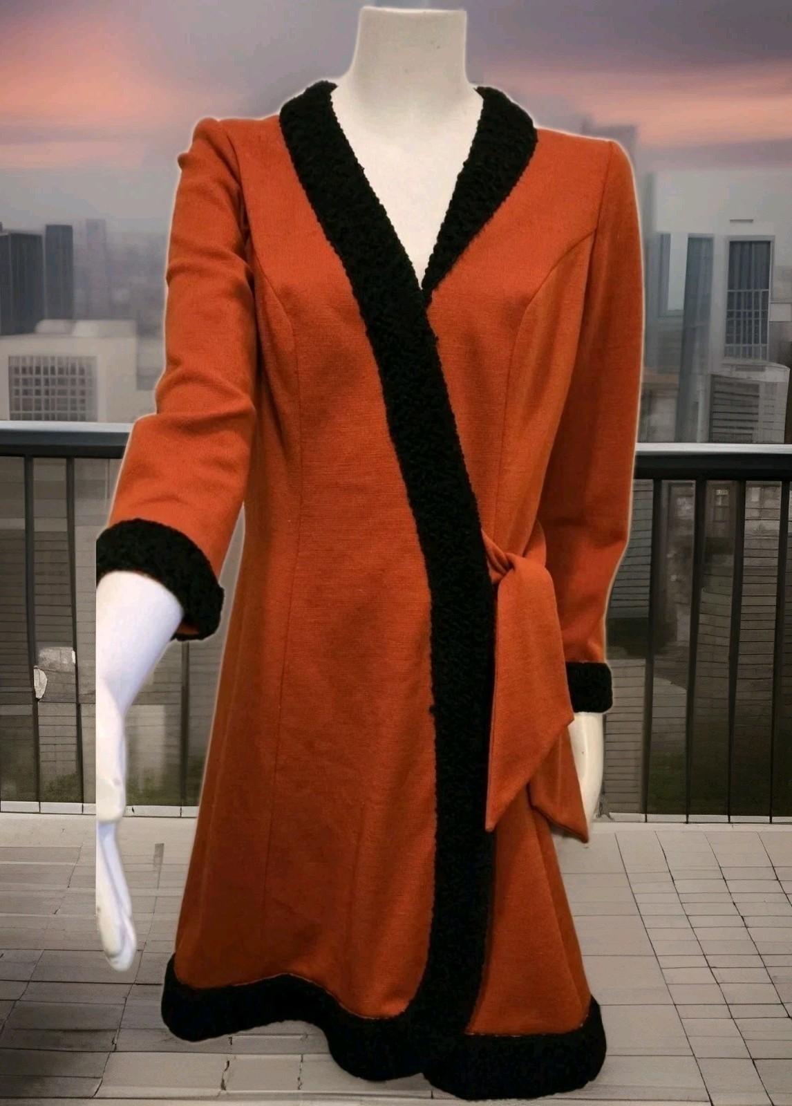 Vtg Alfred Werber 1960S MOD Red Wrap Coat Foxy Red & Black Shearling Accen S/M