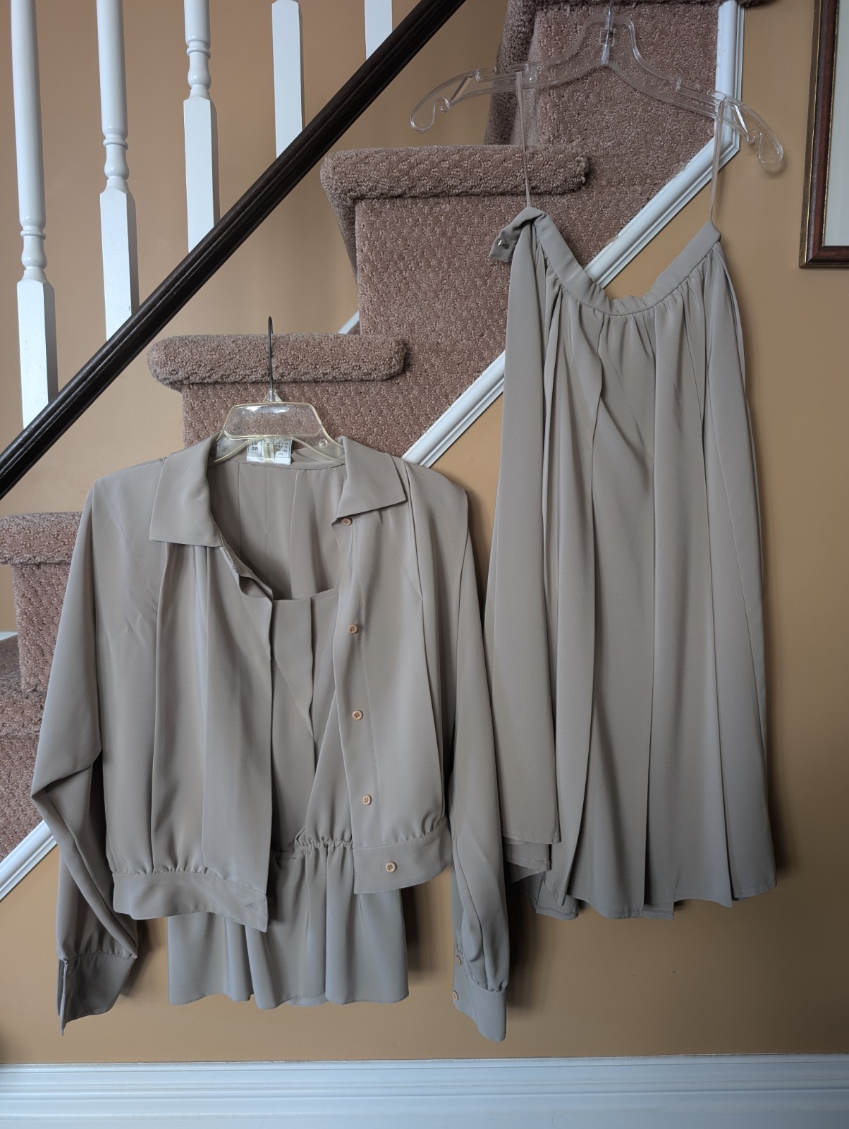 Frank Usher Vintage 3 Pieces, Skirt & Camisole Top & Jacket, Taupe, Size 38