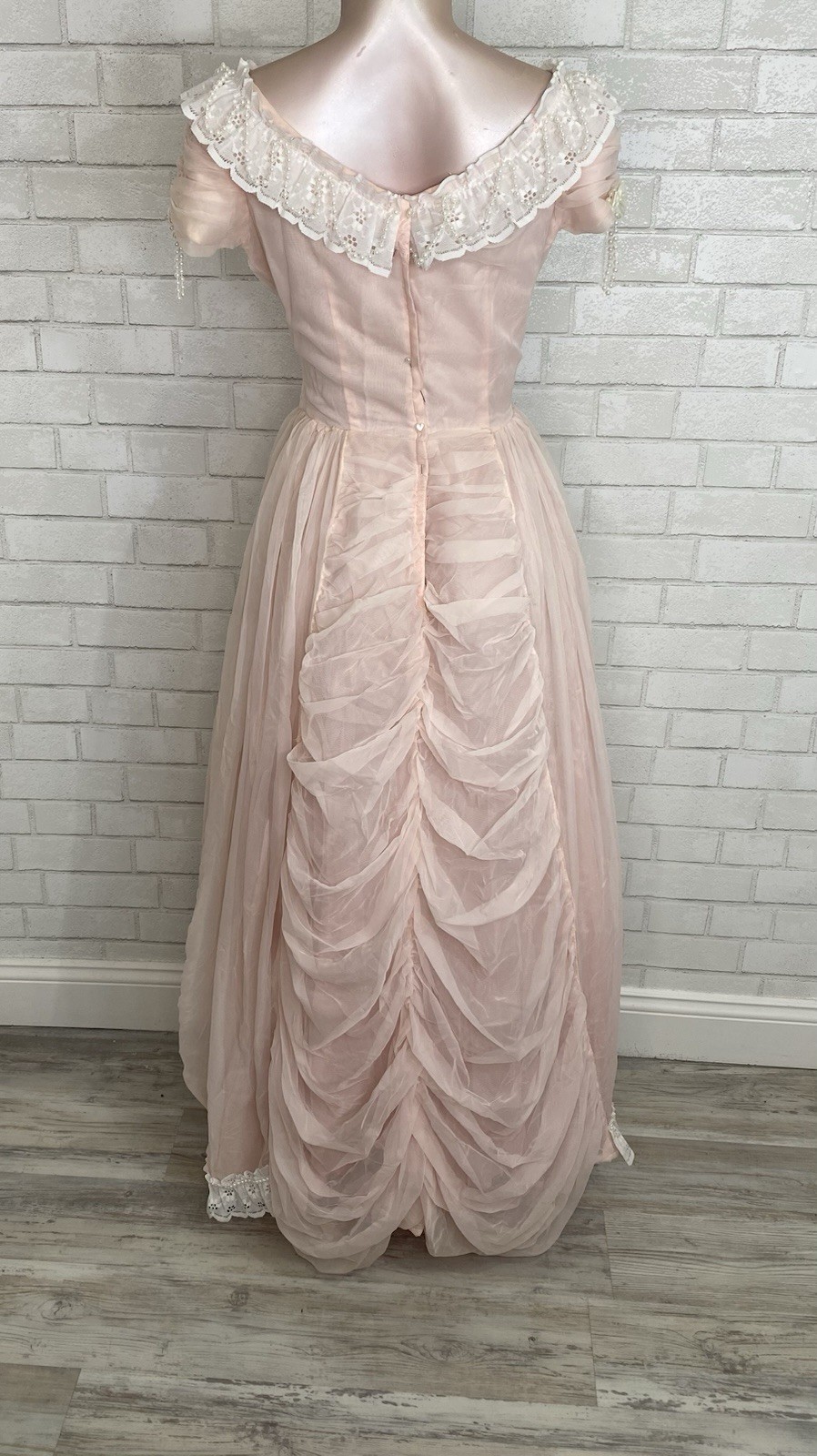 Vintage Pink Pearly Victorian Princess Formal Ball Gown Regency Prom Dress Flaws