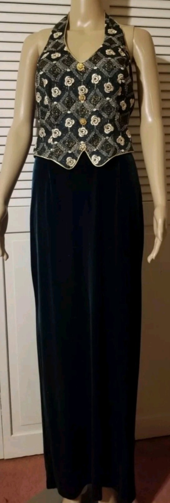 Vintage Aspeed Size Medium Formal Dress Green Velvet Gold Embroidered Sleeveless