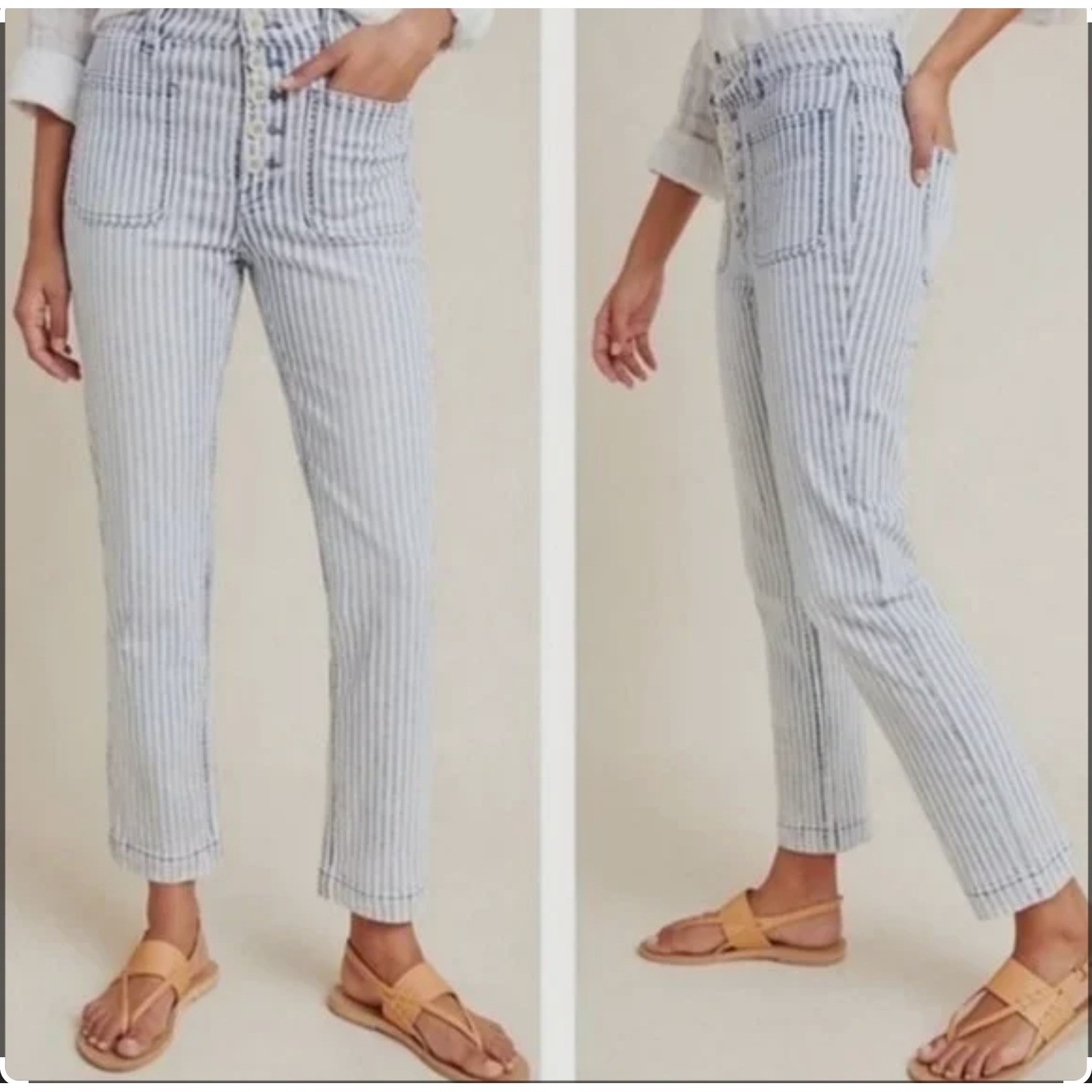 Pilcro Anthropologie Railroad Stripe Utility Jeans Button Fly Blue White 28