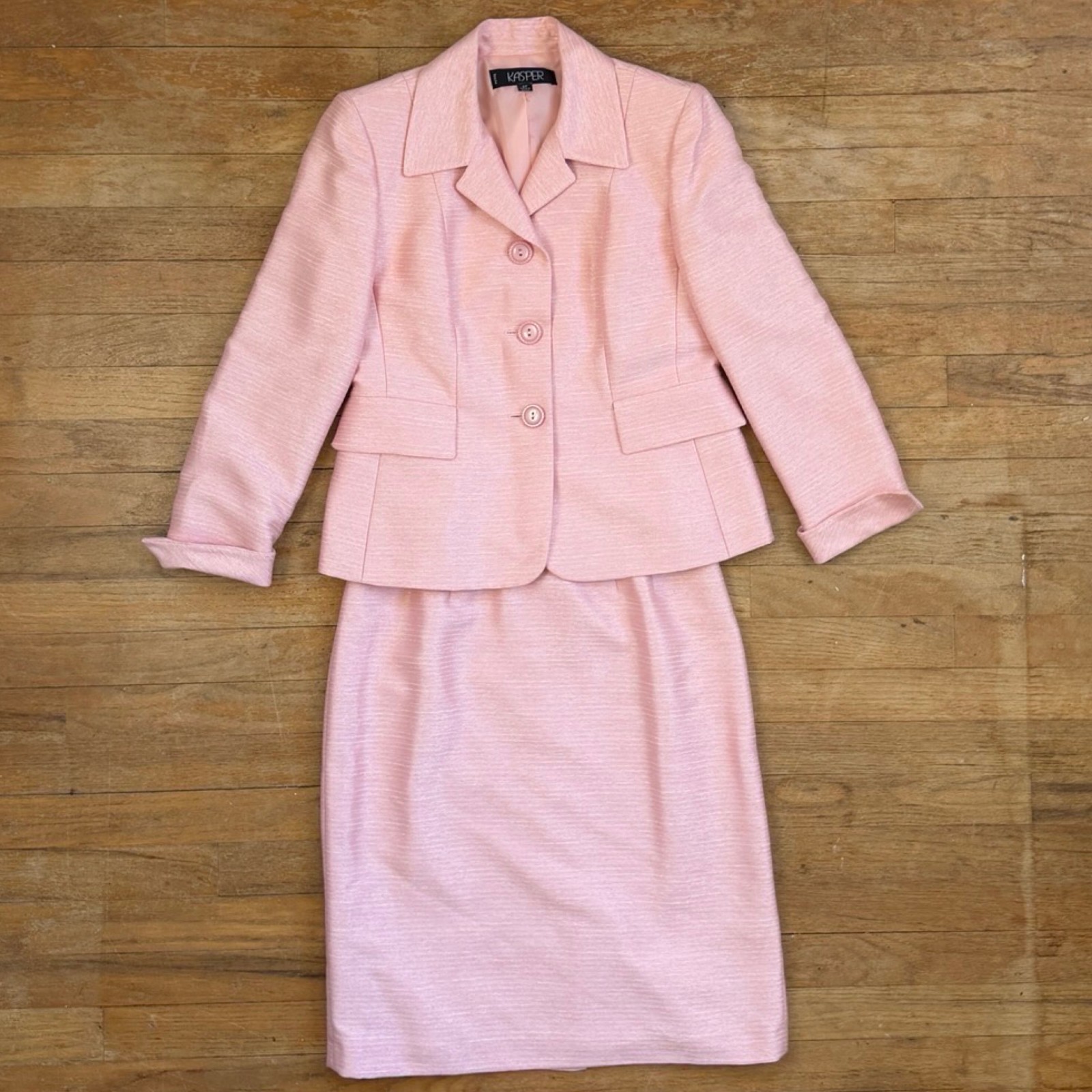 Vintage Women&rsquo;s Skirt Suit Pink White Thread Blazer & Skirt Y2K Size 6 Petite
