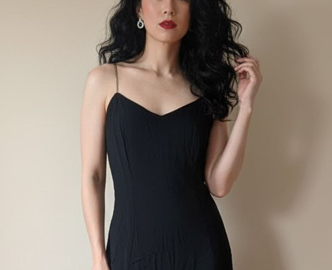 Carol Anderson California VTG Black Rhinestone Strap Midi Dress sz 7/8
