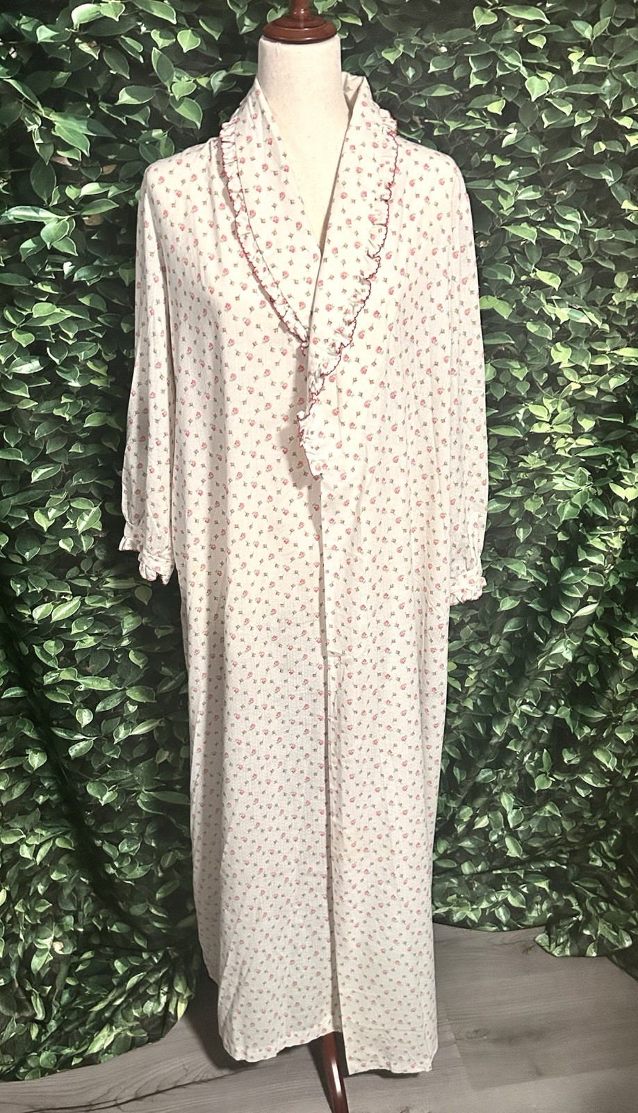 Vintage Cotton Long Robe Mini Flowers White Pink IAPPEL Womens Small Stains