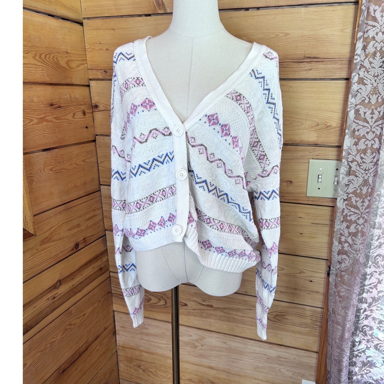 Vintage Cotton Knit Cardigan Women Large White Pastel Geometric Chevron Sweater