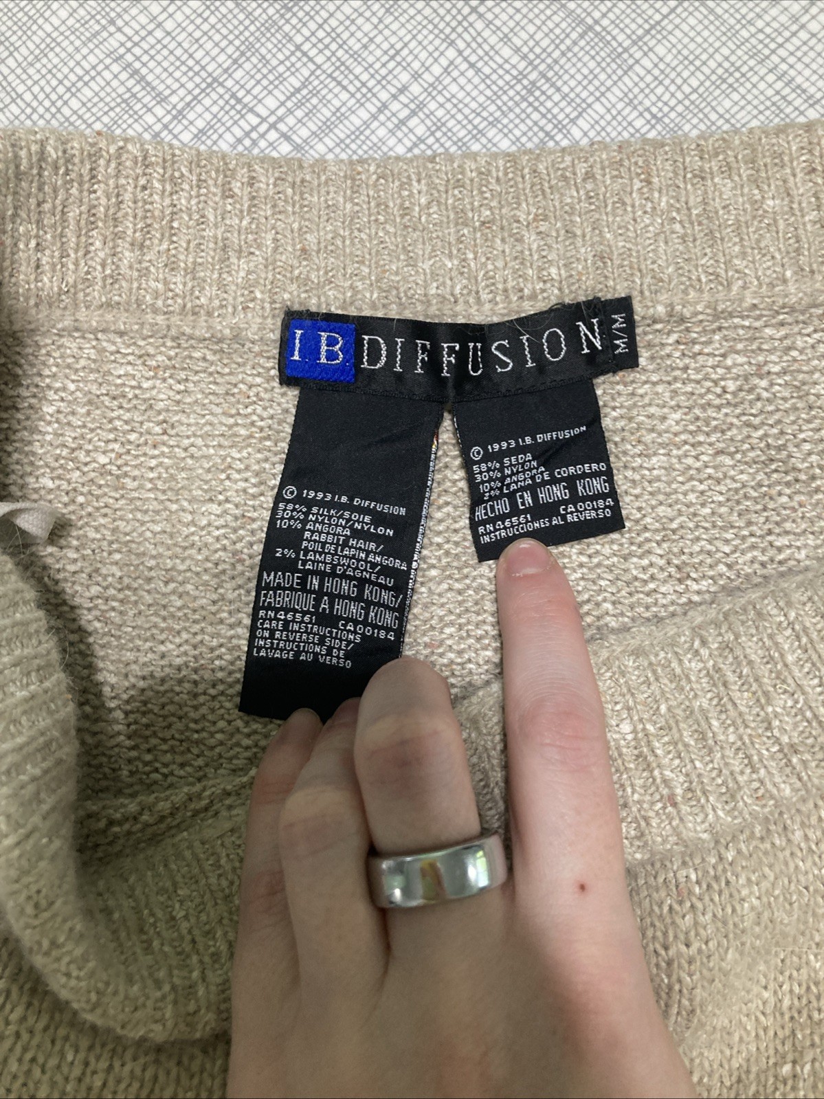VTG 90s I.B. Diffusion Knit Skirt Medium Beige Cream Silk Blend Angora Lambswool