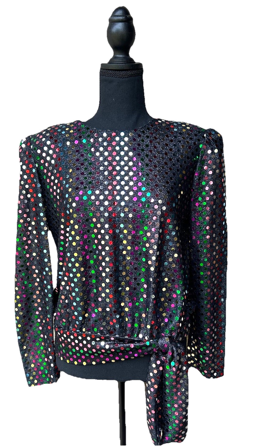 Vintage Another Thyme Holiday Top S M 8 Black Multicolor Sequins Tie Hem EC