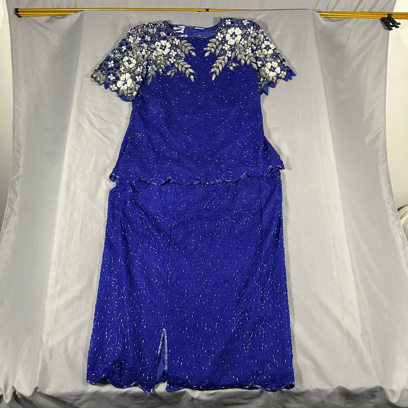 Stenay Beaded Silk Skirt Suit 14 Royal Blue Floral Sequin Vintage Excellent