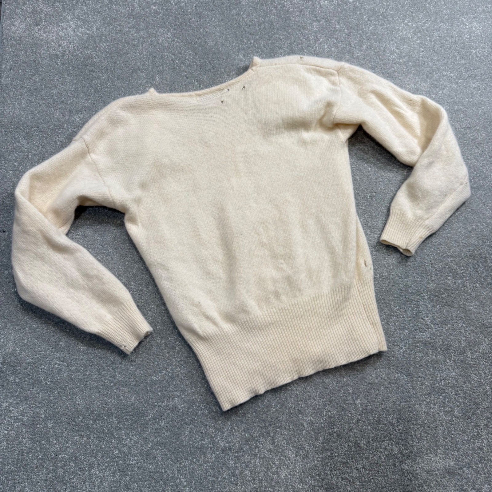 Vintage Angora Lambswool Satin Rosette Sweater Cream Distressed Medium Holes