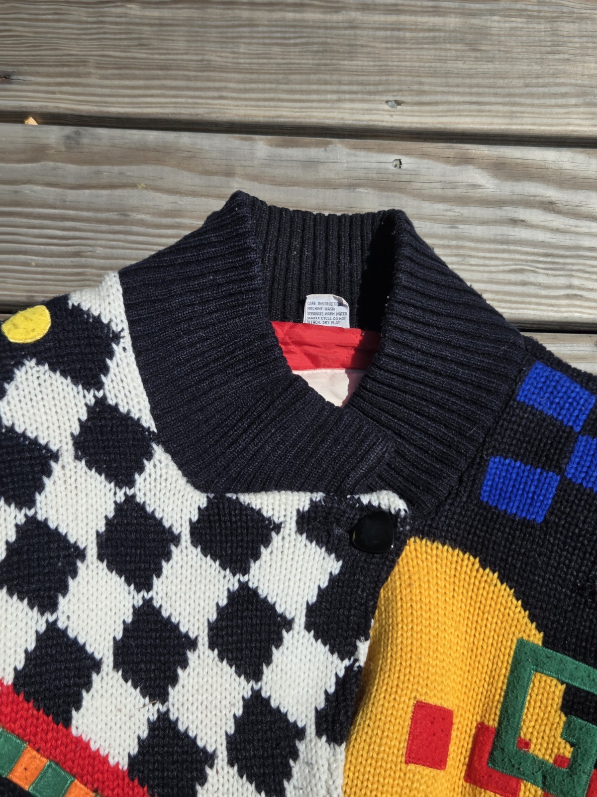 🖤Vintage 90s Abstract Geometric Sweater Jacket Black Colorblock Memphis Design