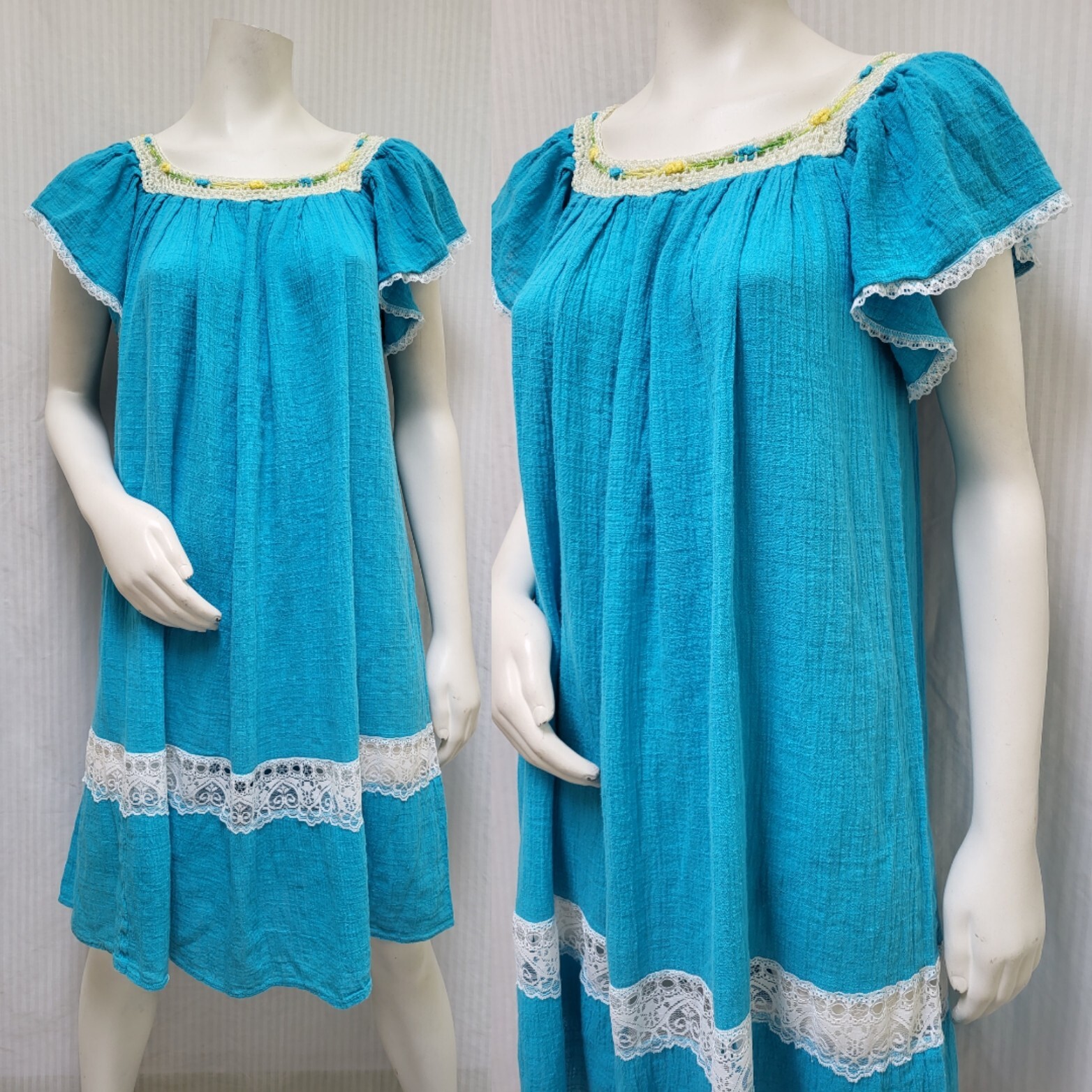 Vintage Turquoise Cotton Lace and Crochet Trim Dress Made in Ecuador – Size S/M