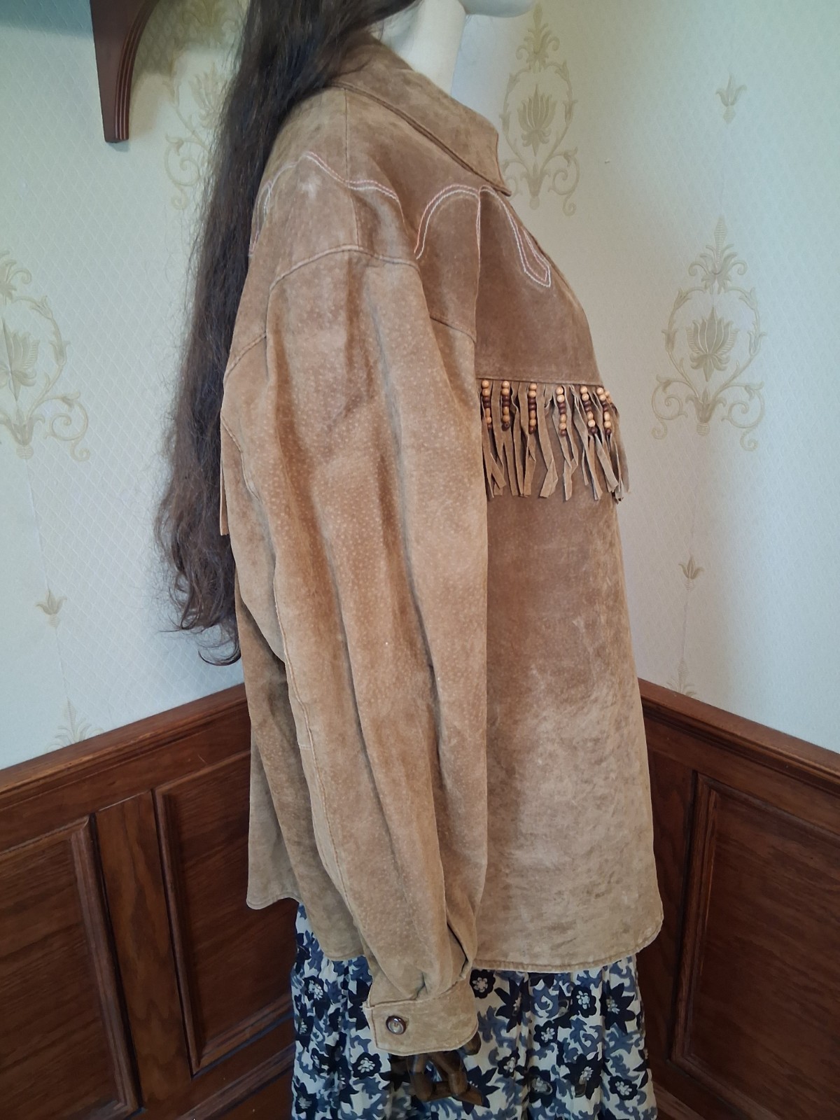 Vintage 1990s Comint Brown Suede Fringed Beaded Hippie Western Grunge Coat