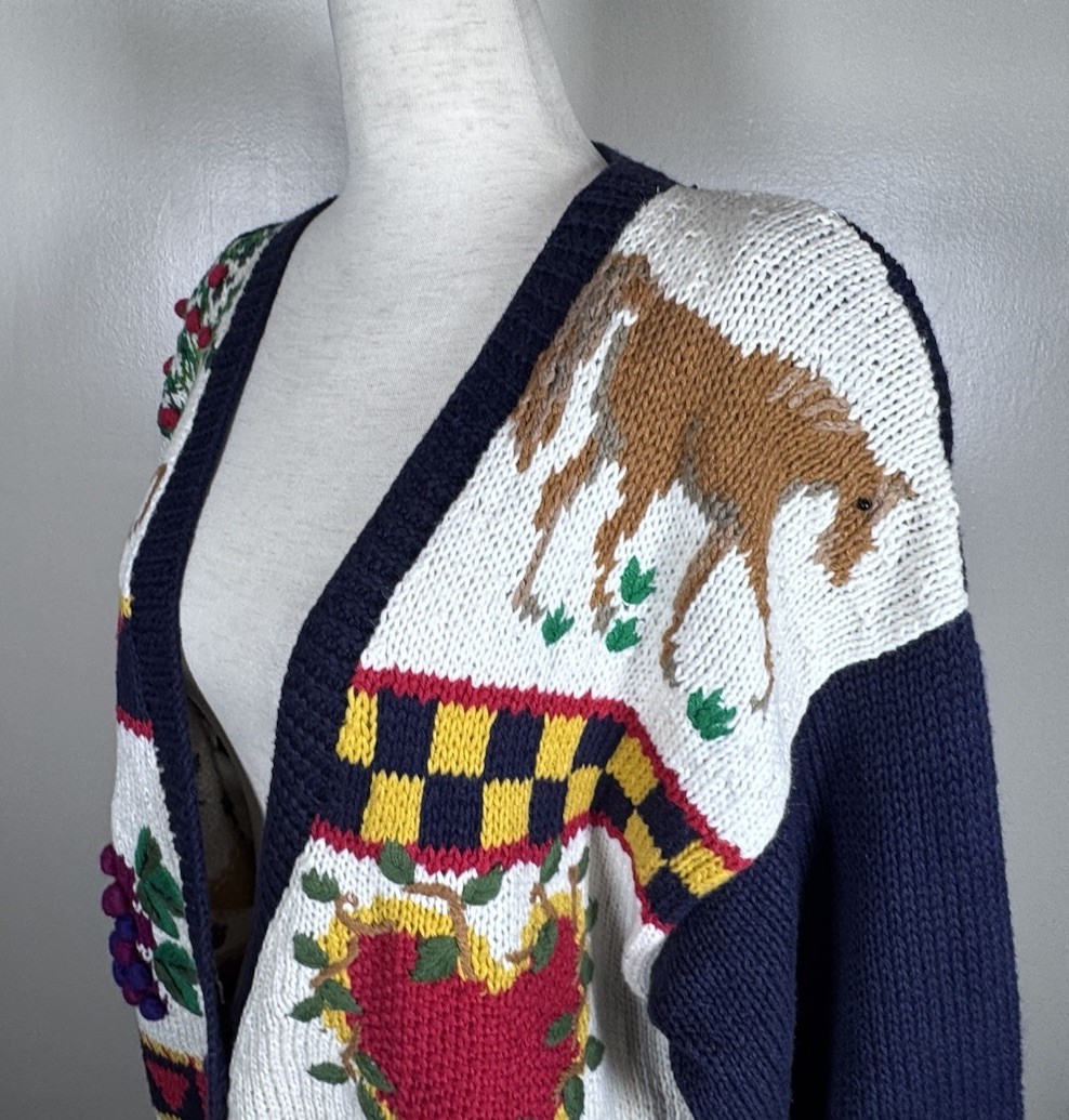Vintage Talbots Hand Knit Fruit Patriotic School Teacher Cardigan Sweater Sz L