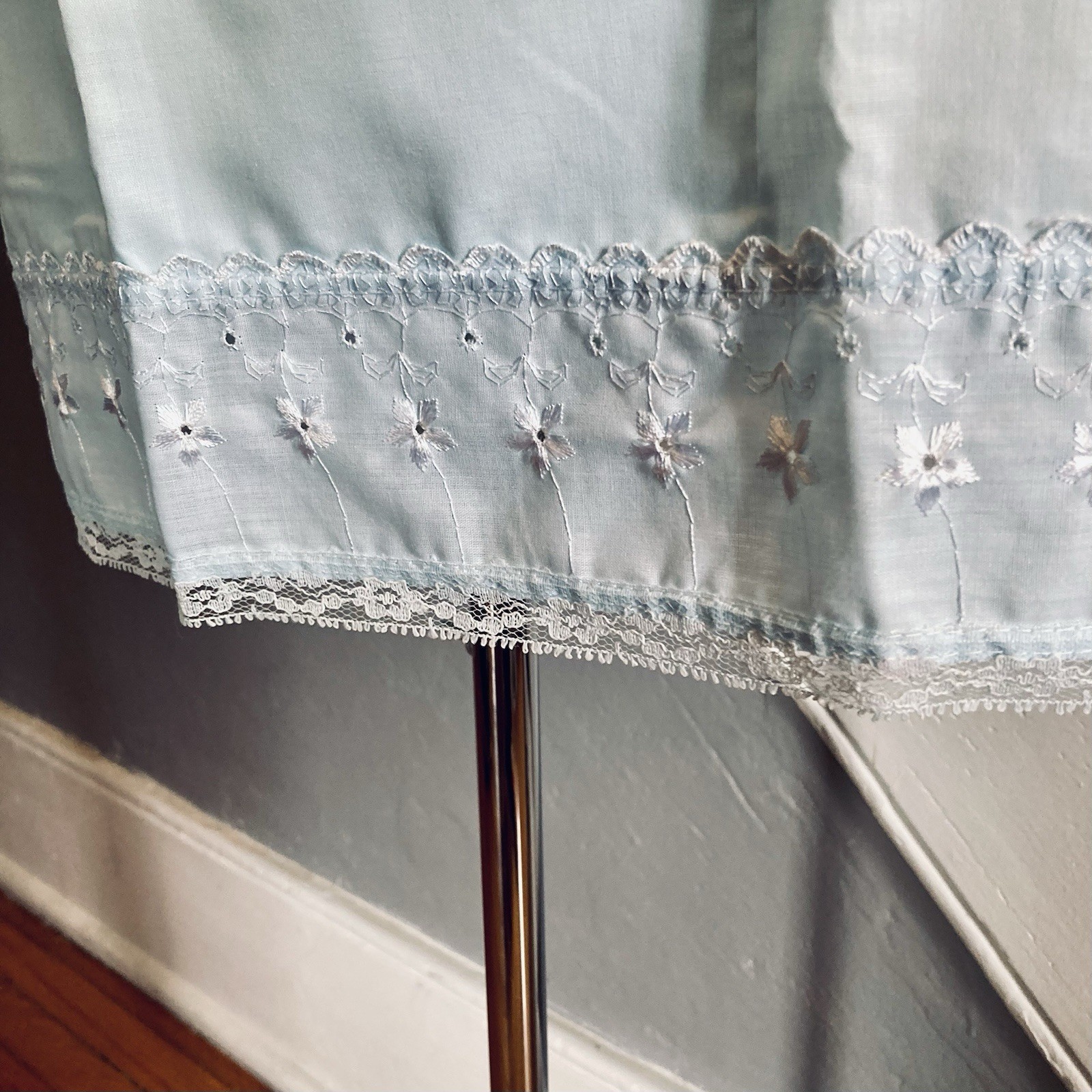 1970s Poly cotton Eyelet Lace Midi Slip Pastel Baby Blue Lingerie Pinup Hippie