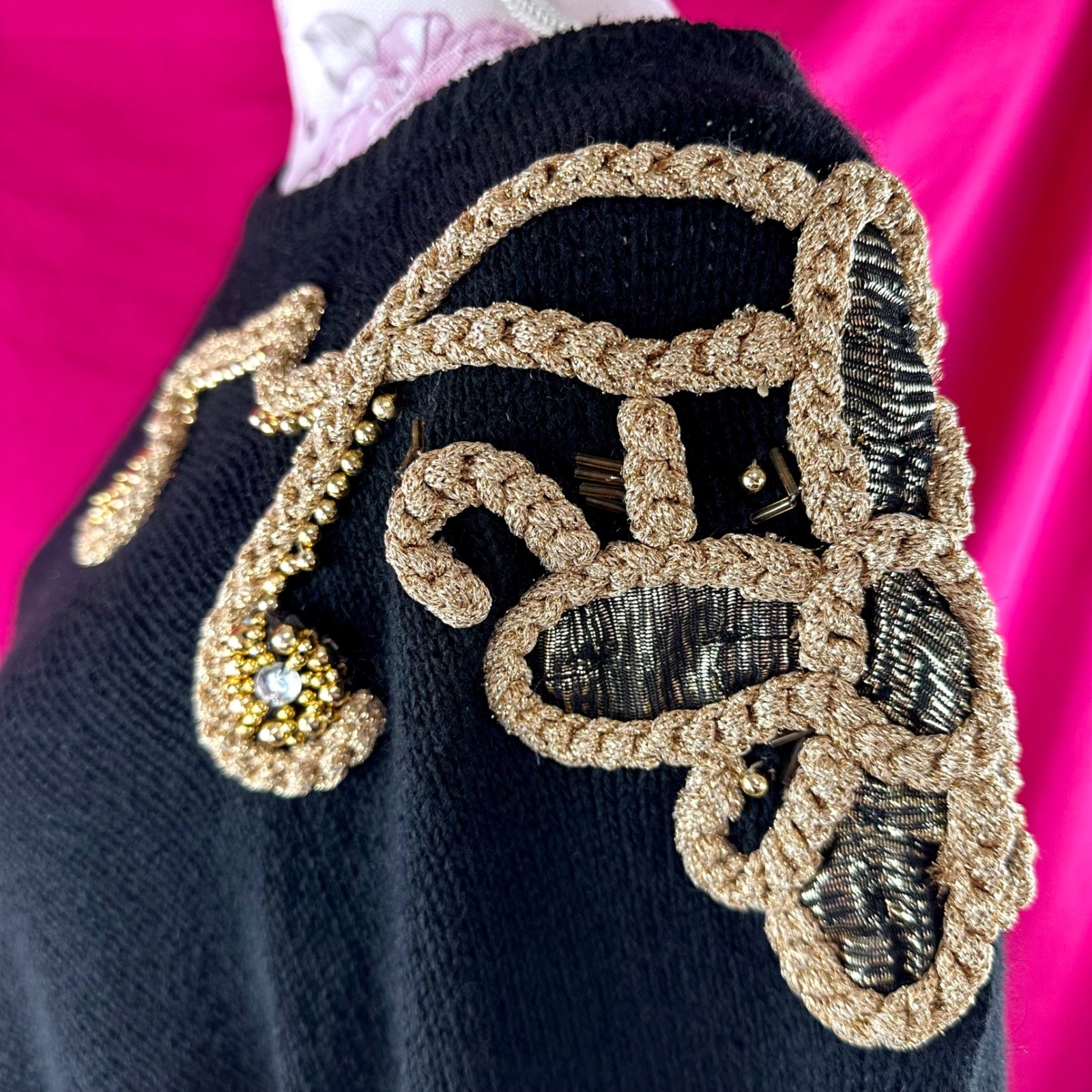 Vintage 80s Beaded Rhinestone Sweater Black Gold Angora Silk Wool NYE Plus 26/28