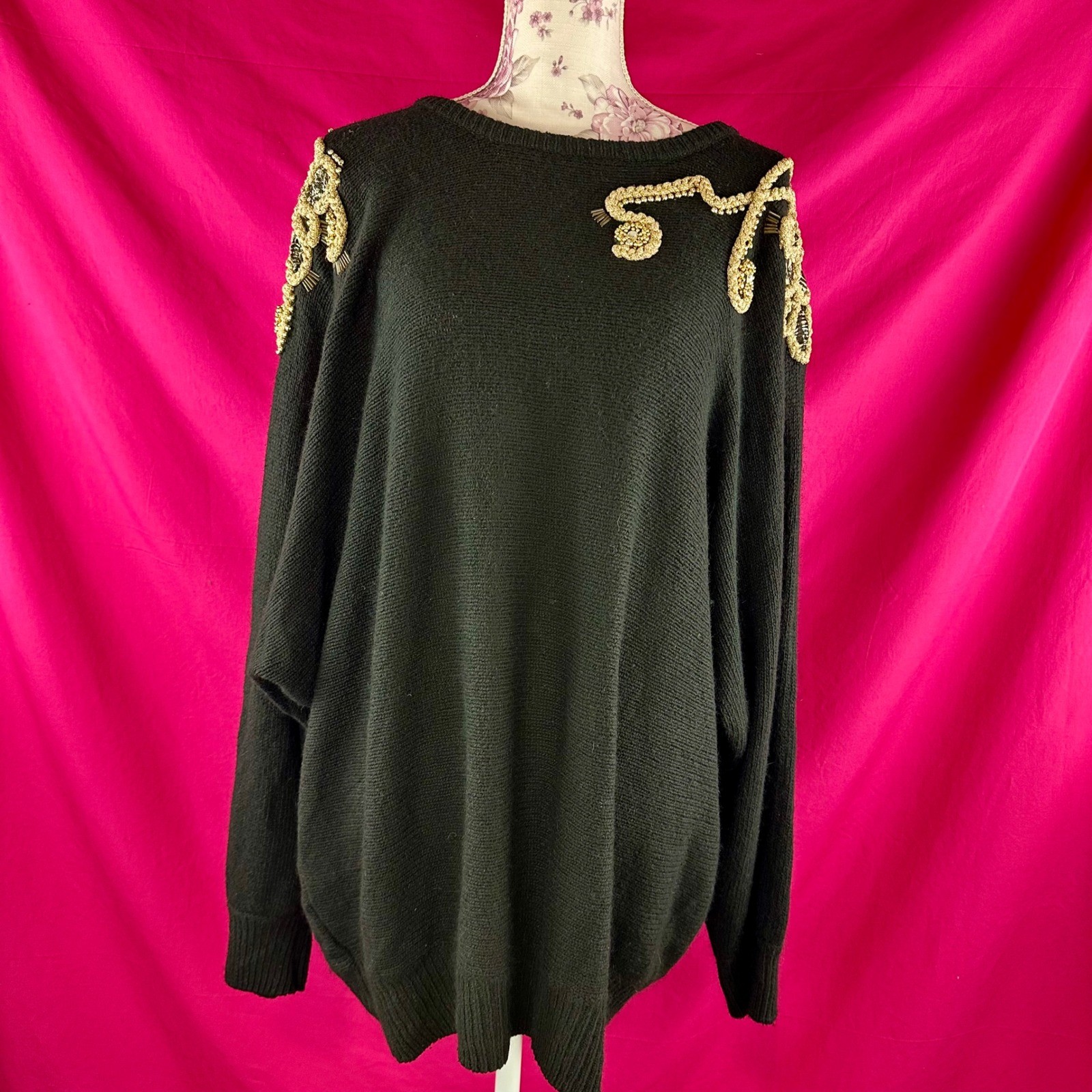 Vintage 80s Beaded Rhinestone Sweater Black Gold Angora Silk Wool NYE Plus 26/28