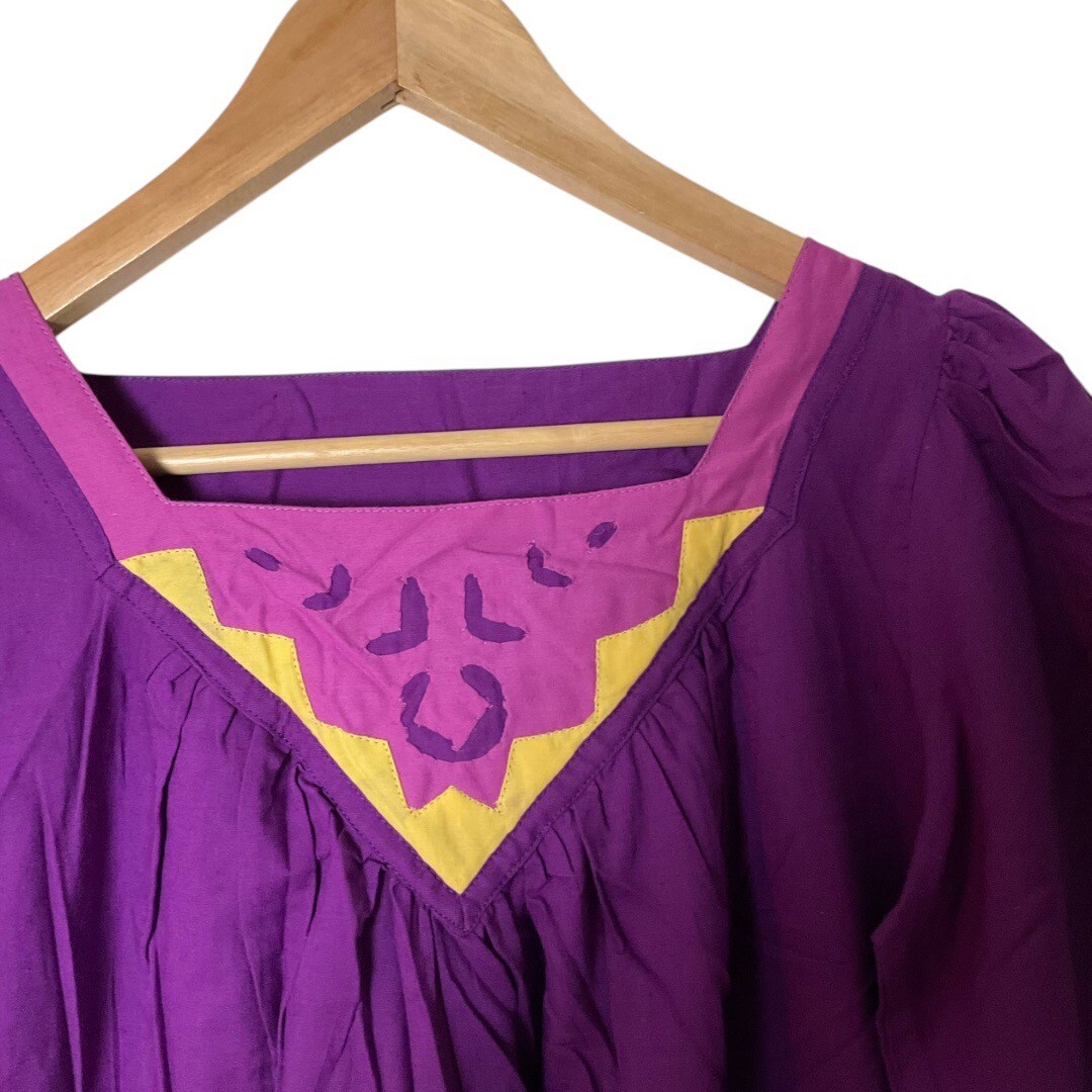 Vintage NWT 70&rsquo;s India Cotton Purple Yellow Embroidered Maxi Bohemian Dress S